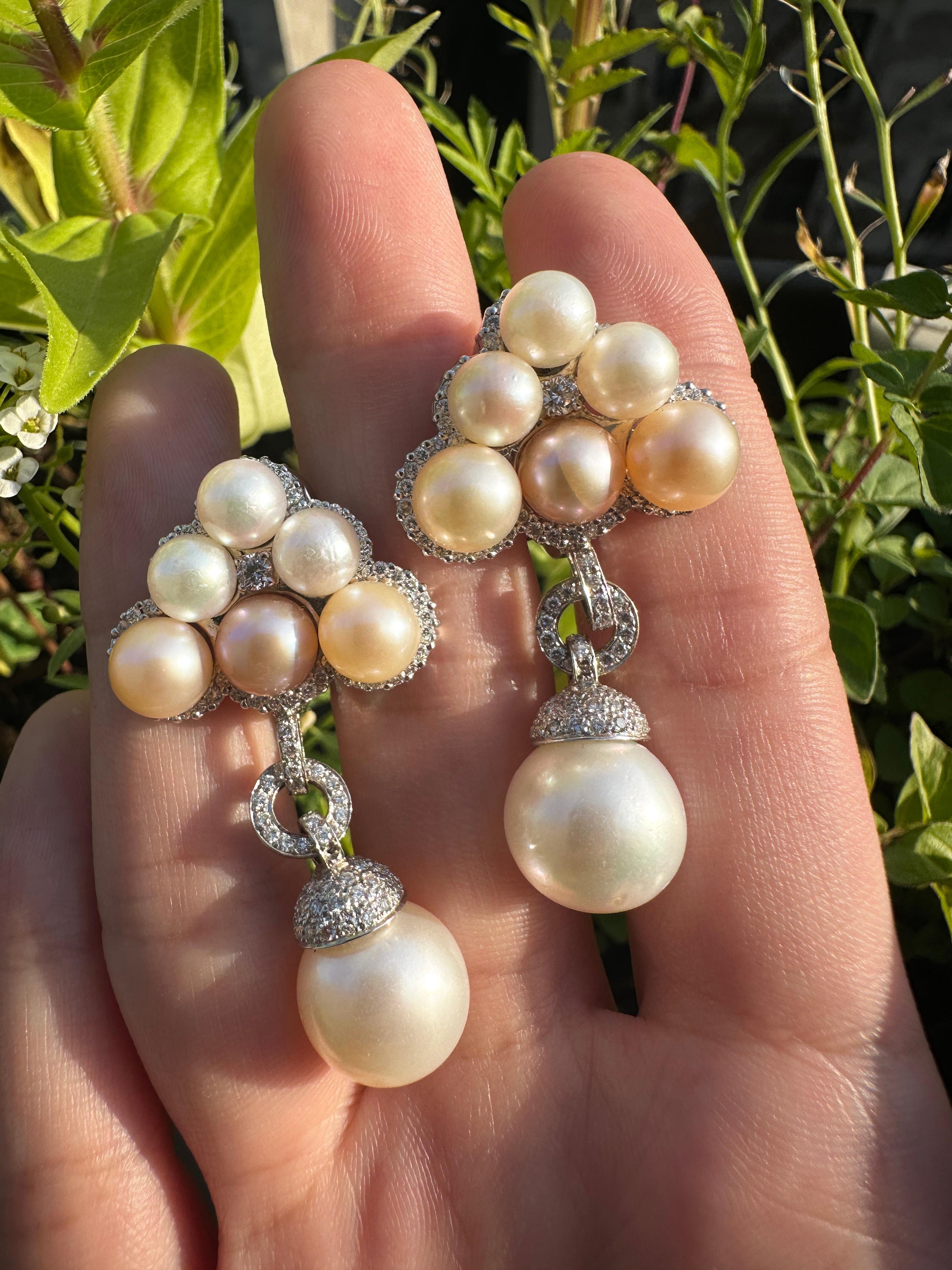18K Diamond and Pearl Earrings For Sale 2