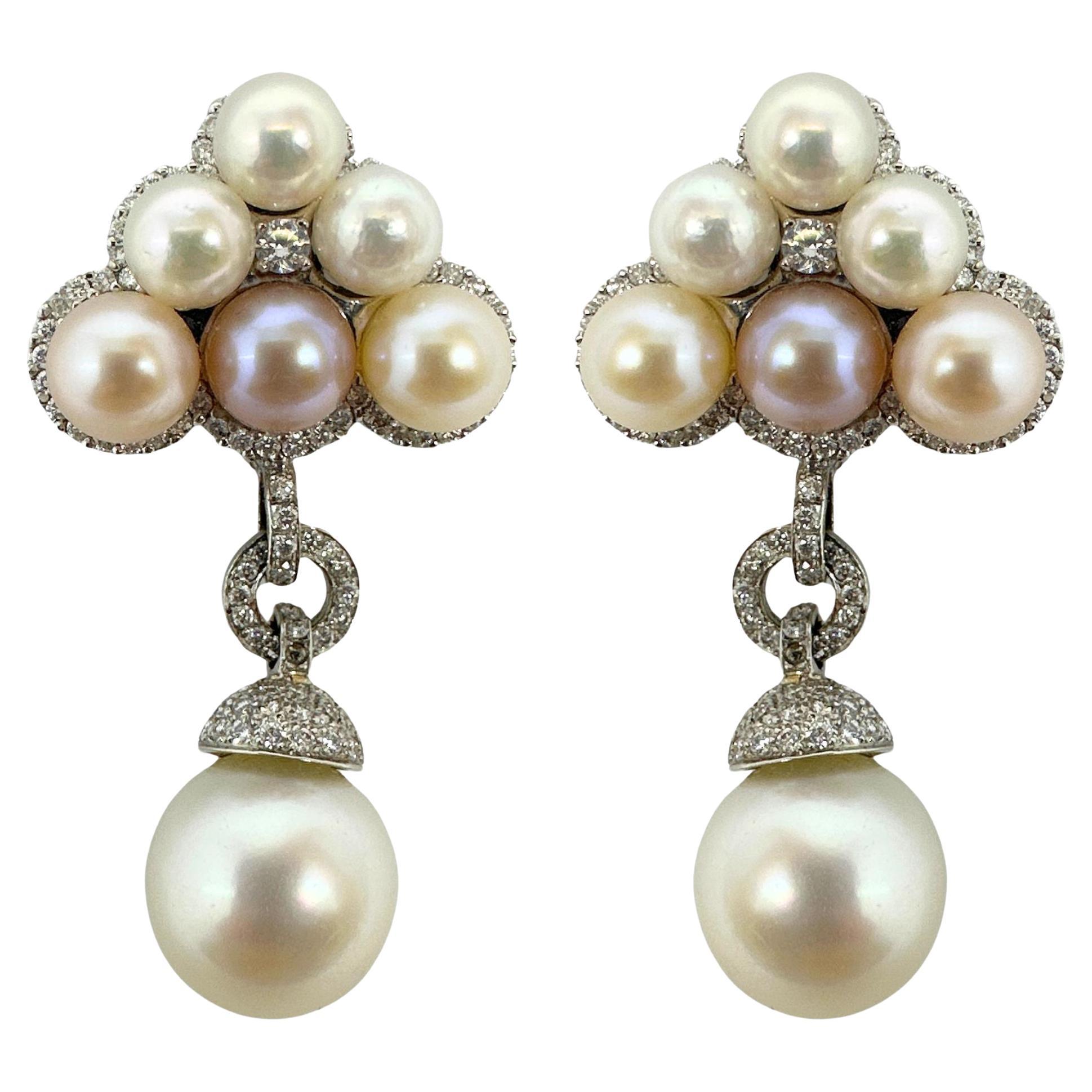 18K Diamond and Pearl Earrings For Sale