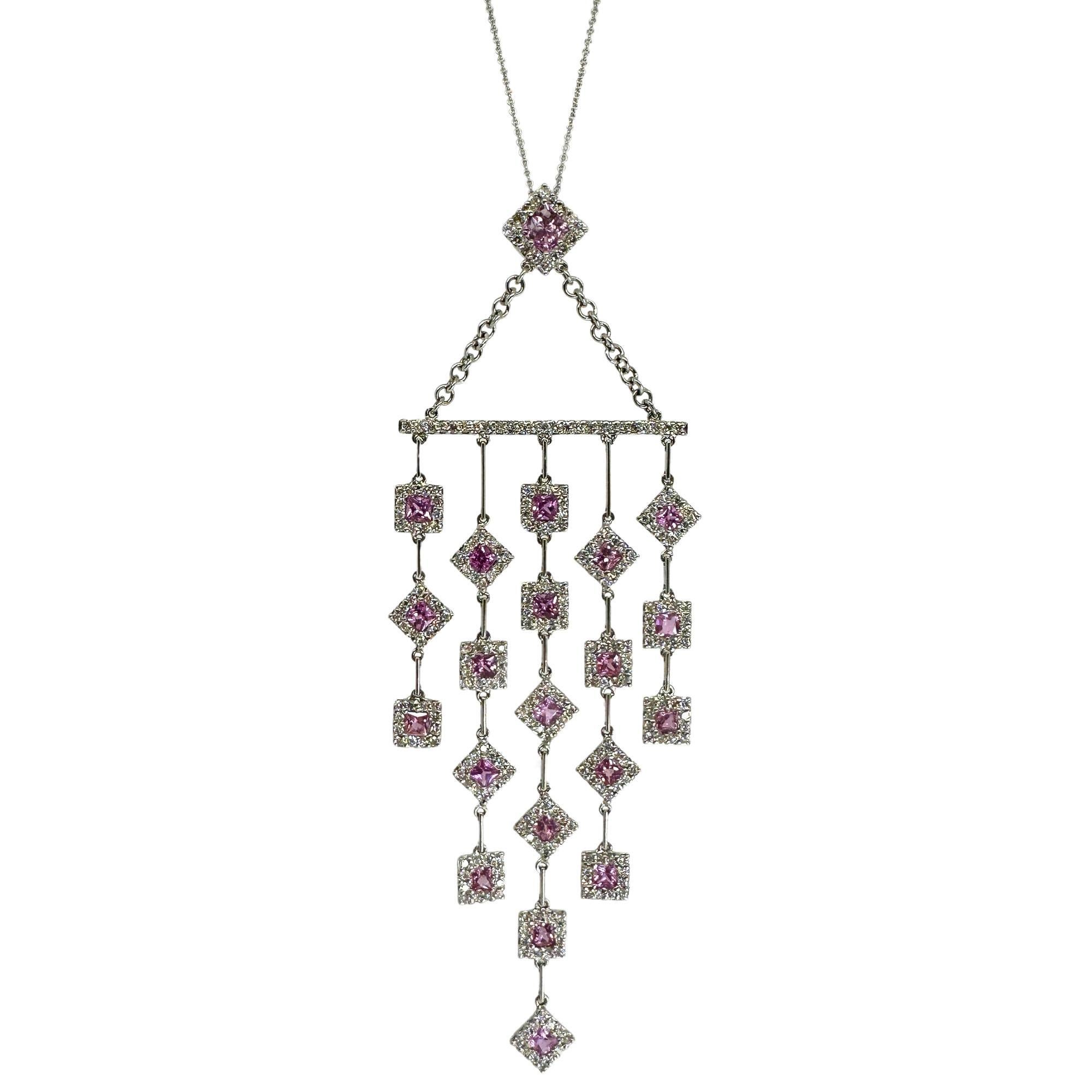 Round Cut 18k Diamond and Pink Sapphire Necklace For Sale