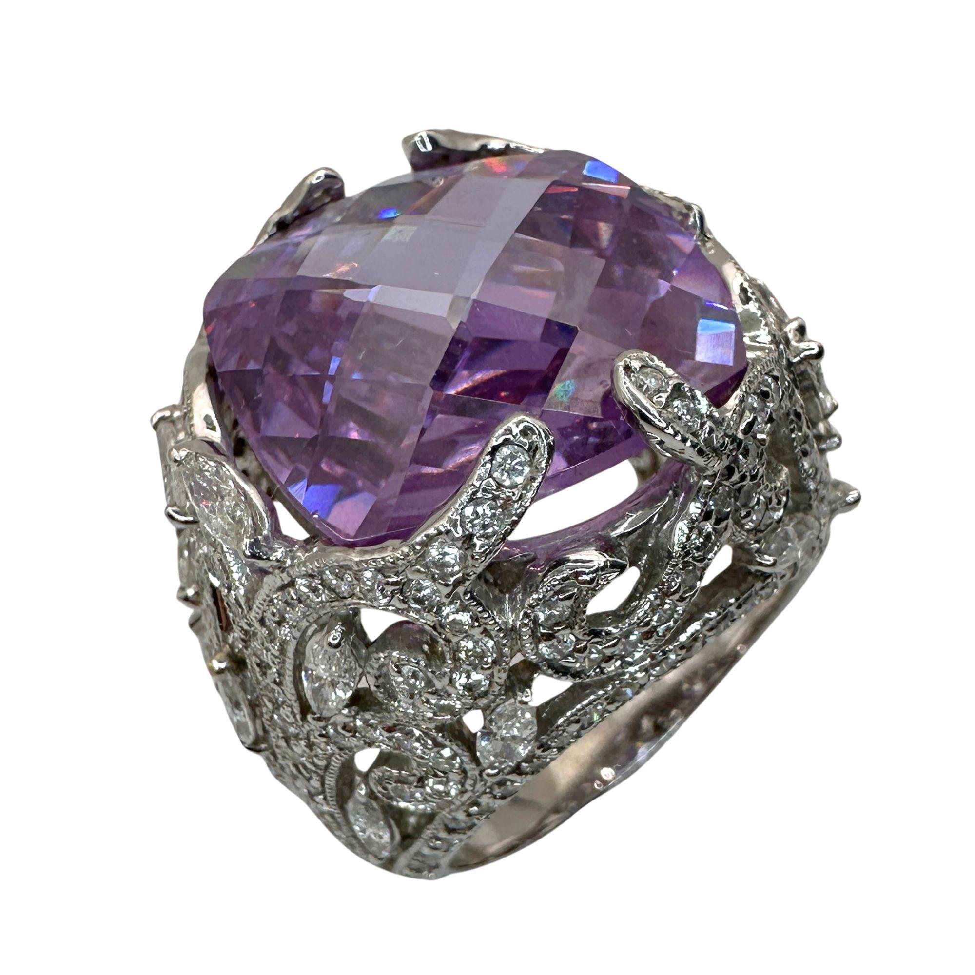 Women's 18k Diamond and Purple Stone Center Cocktail Ring For Sale
