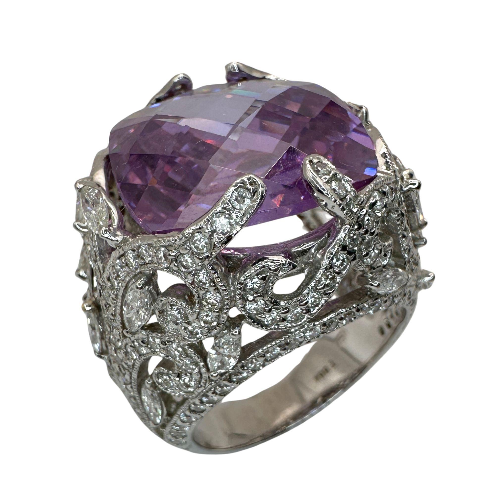 18k Diamond and Purple Stone Center Cocktail Ring For Sale 1