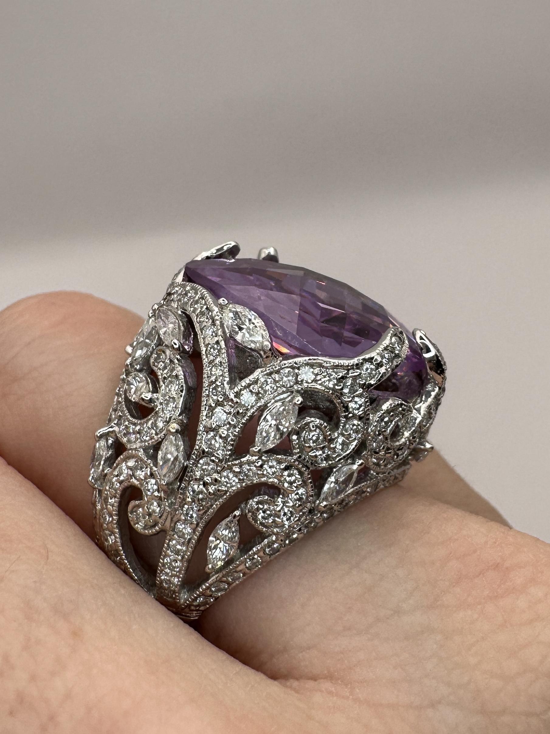 18k Diamond and Purple Stone Center Cocktail Ring For Sale 4