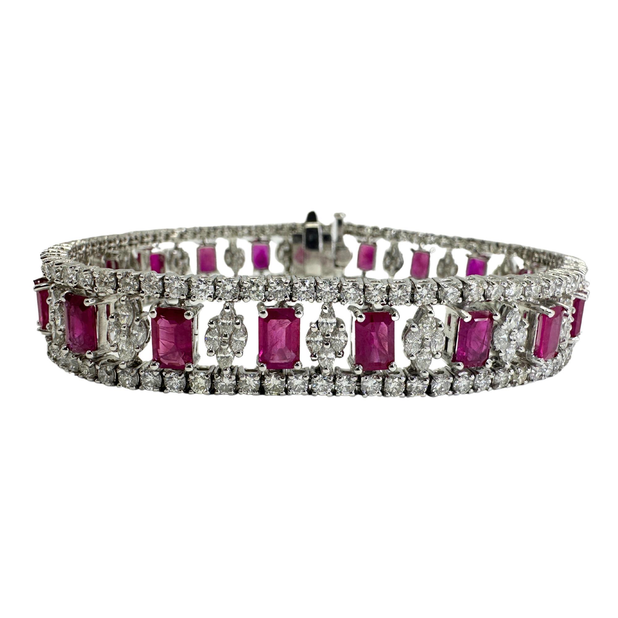 Elevate your style with our stunning 18K Diamond and Ruby Bracelet. Crafted in 18k white gold and adorned with 0.76 carats of dazzling diamonds and 10.36 carats of rich rubies, this bracelet exudes luxury and sophistication. In good condition, it's