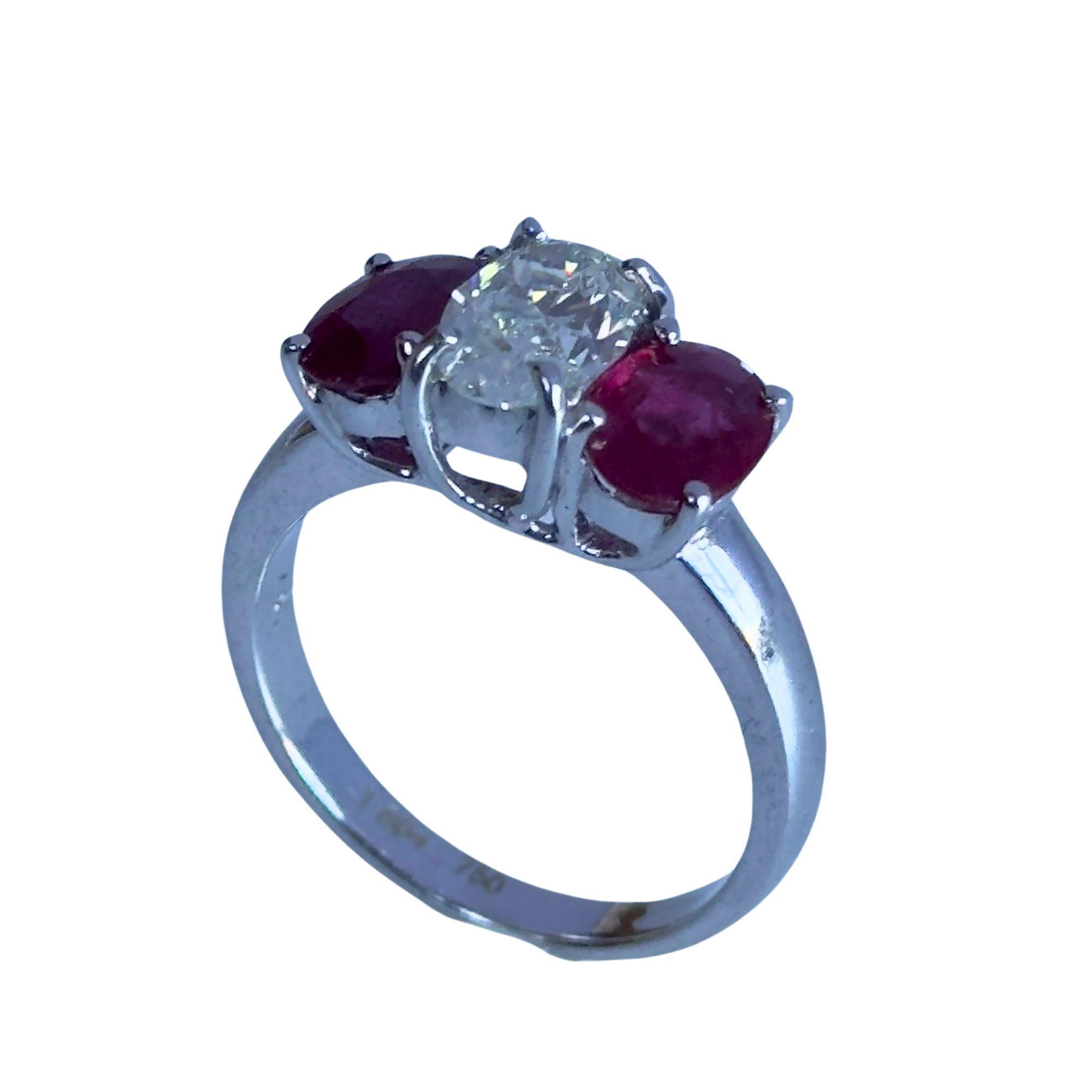 18k Diamond and Ruby Three Stone Ring In Good Condition For Sale In New York, NY