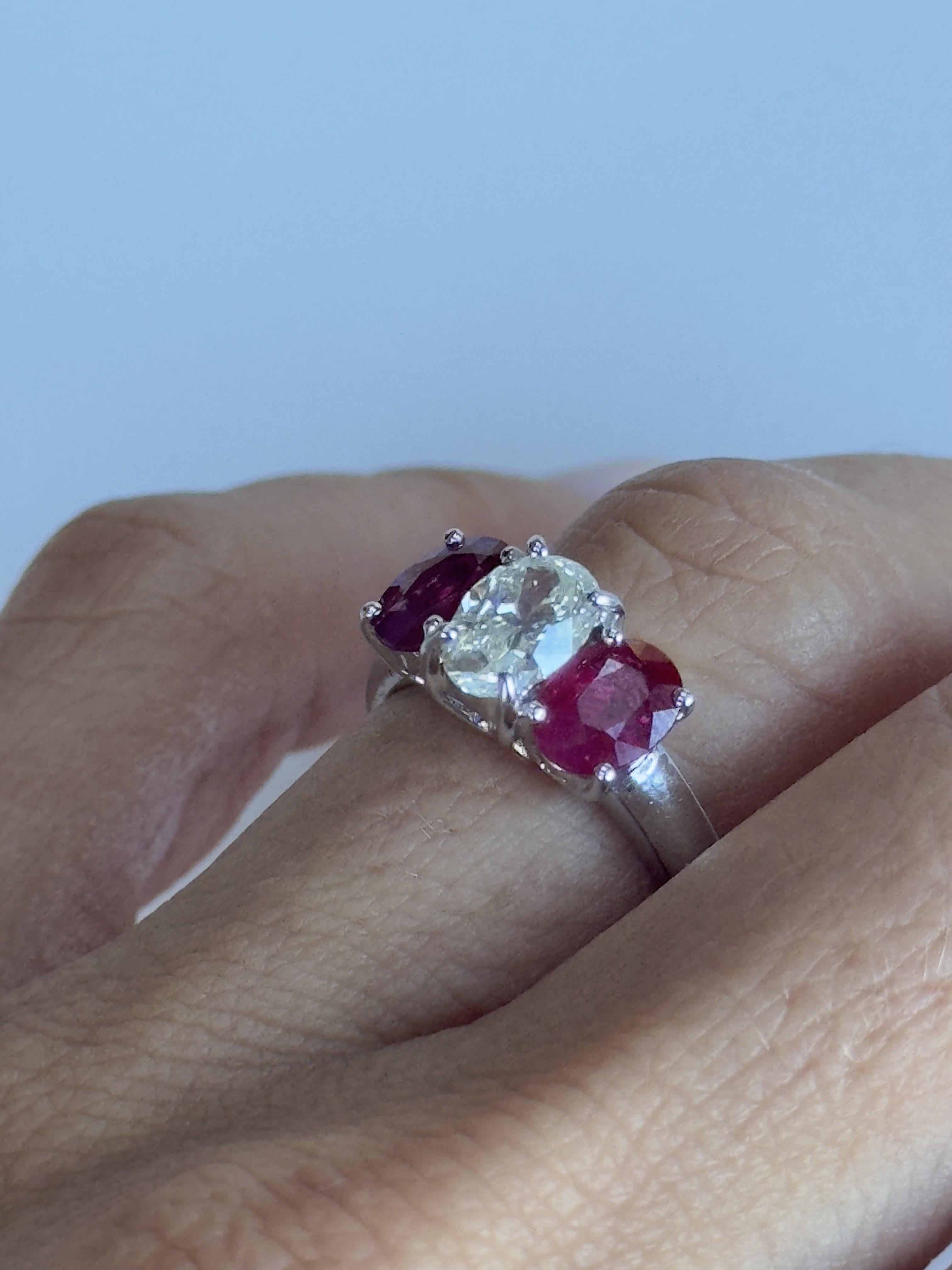 Women's 18k Diamond and Ruby Three Stone Ring For Sale