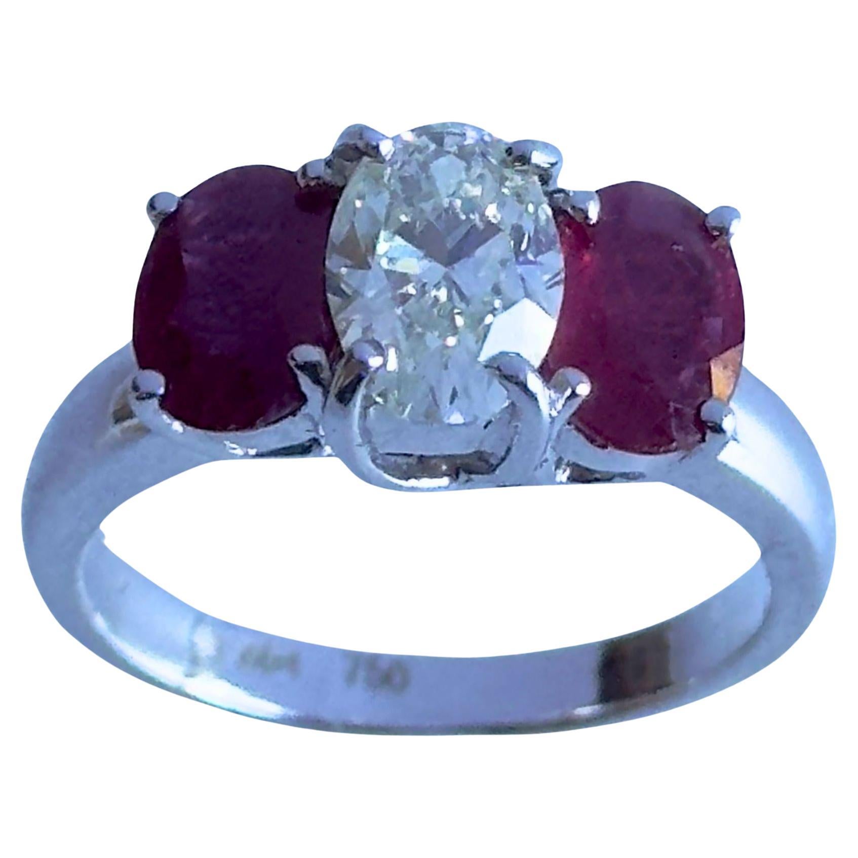 18k Diamond and Ruby Three Stone Ring For Sale