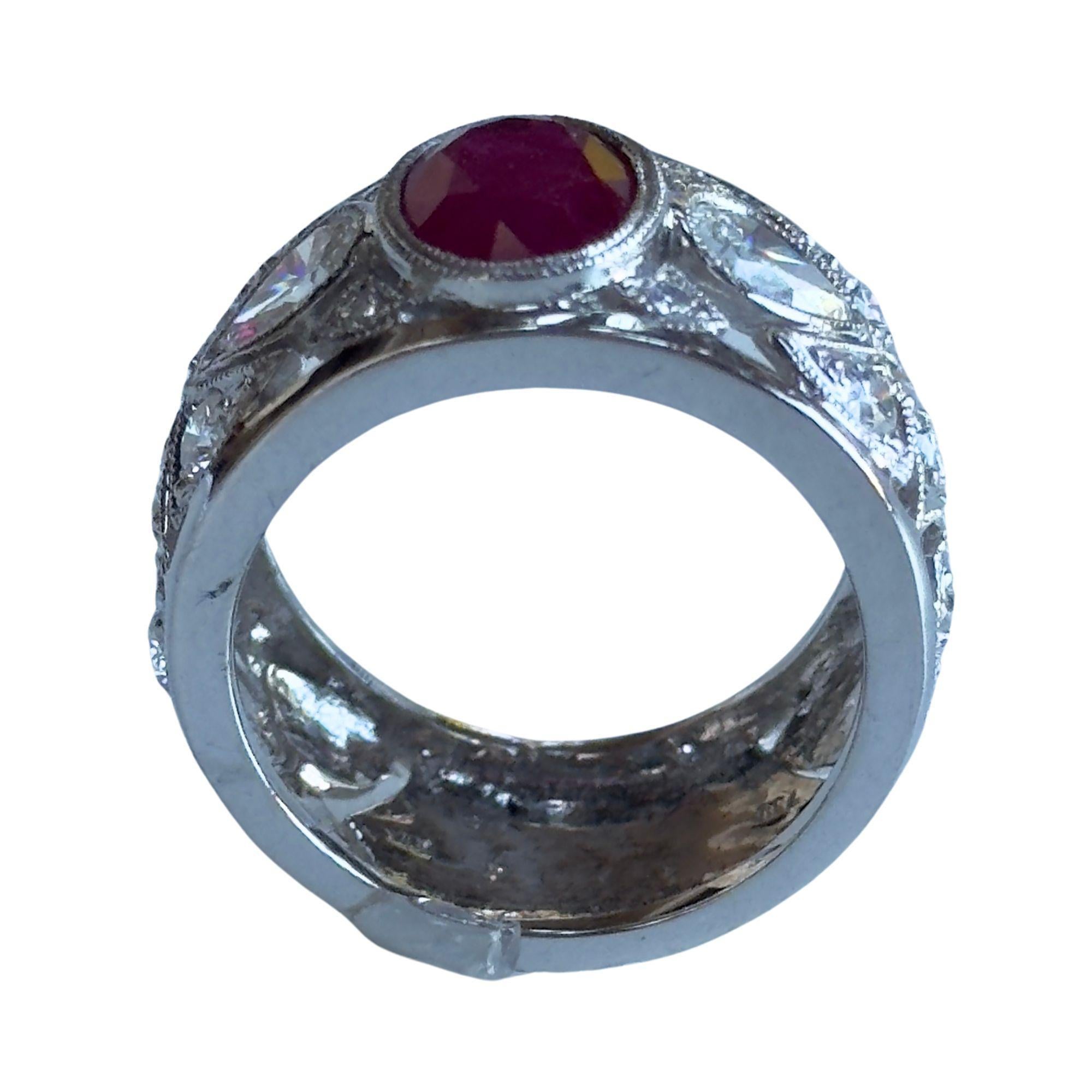 Oval Cut 18k Diamond and Ruby Wide Band Ring For Sale