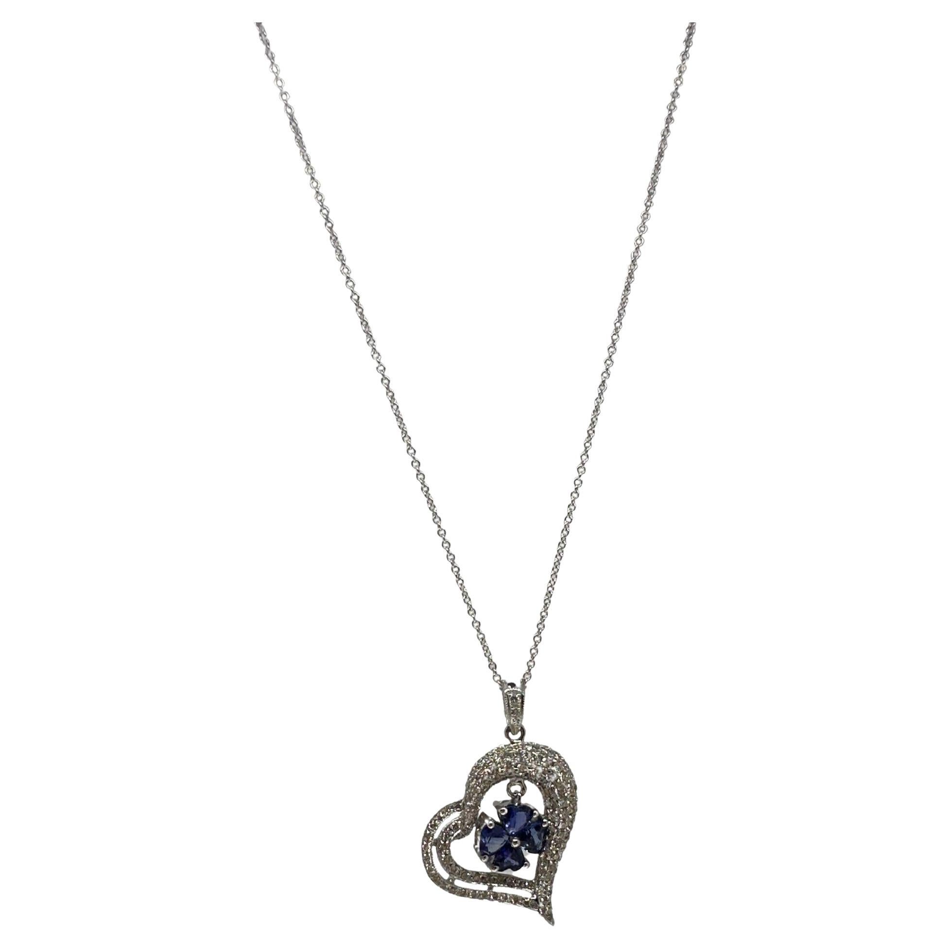 18k Diamond and Sapphire Heart Pendant Necklace For Sale