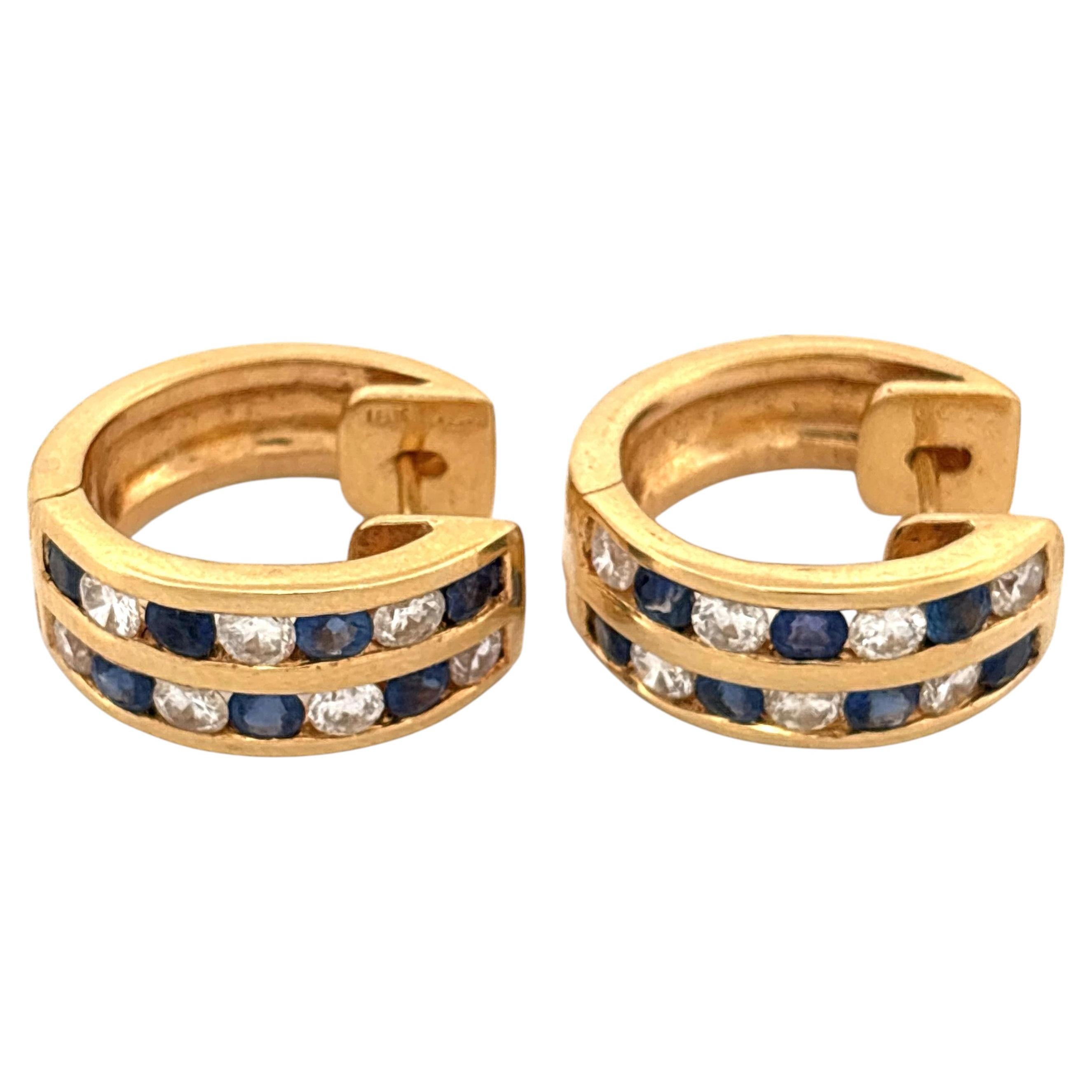 Boucles d'oreilles créoles en or 18 carats, alternant diamants et saphirs