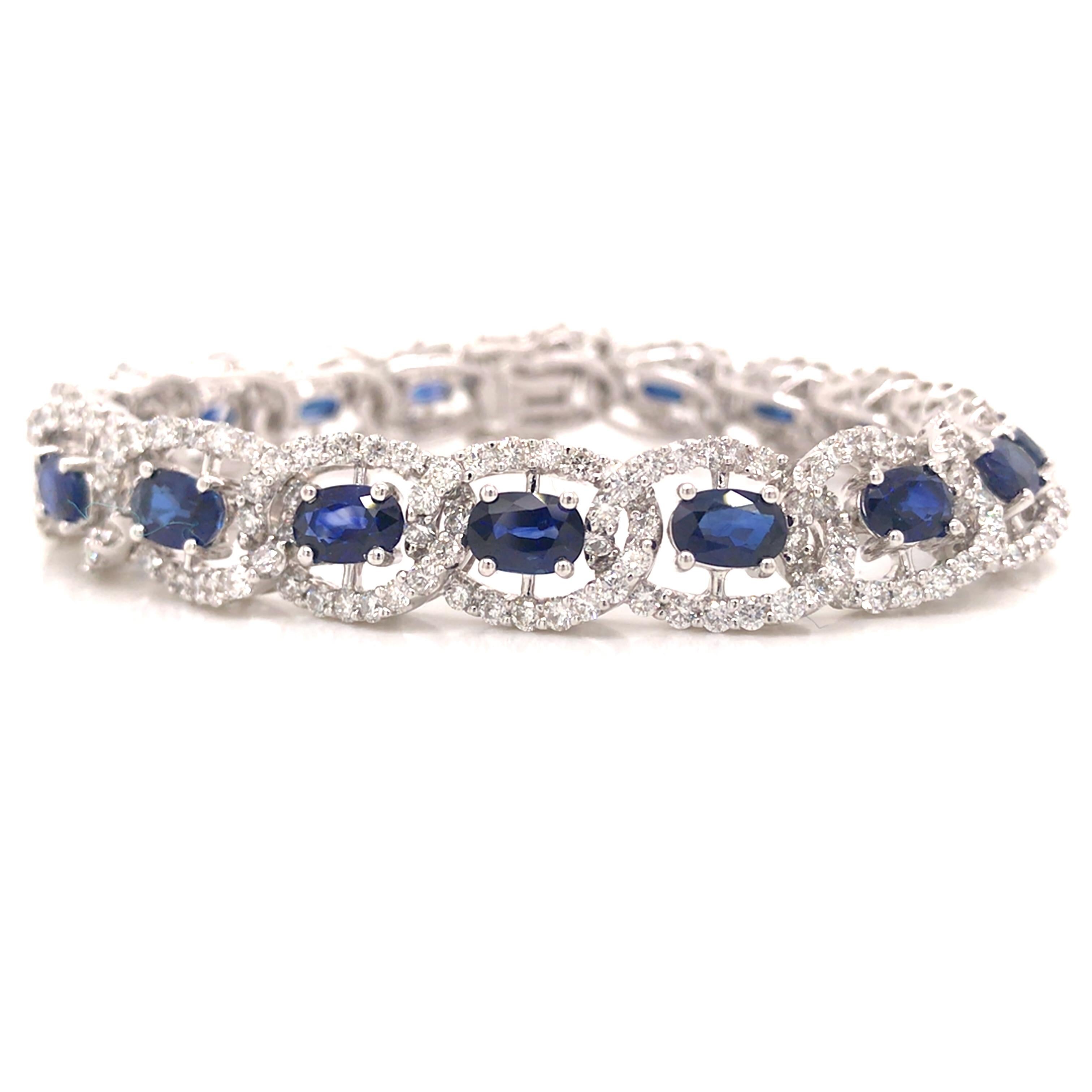 Women's or Men's 18K Diamond and Sapphire Link Tennis Bracelet White Gold For Sale