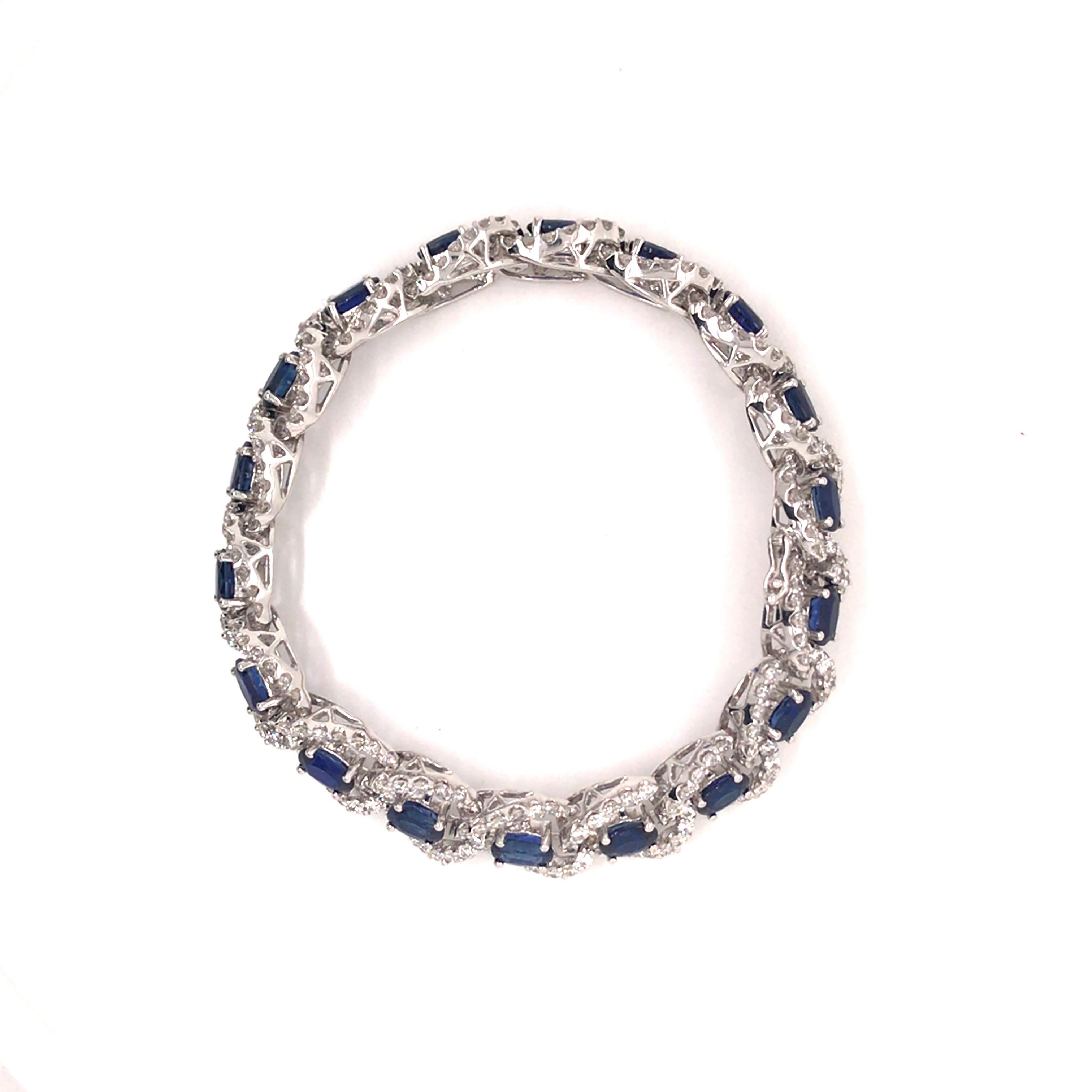 18K Diamond and Sapphire Link Tennis Bracelet White Gold For Sale 2