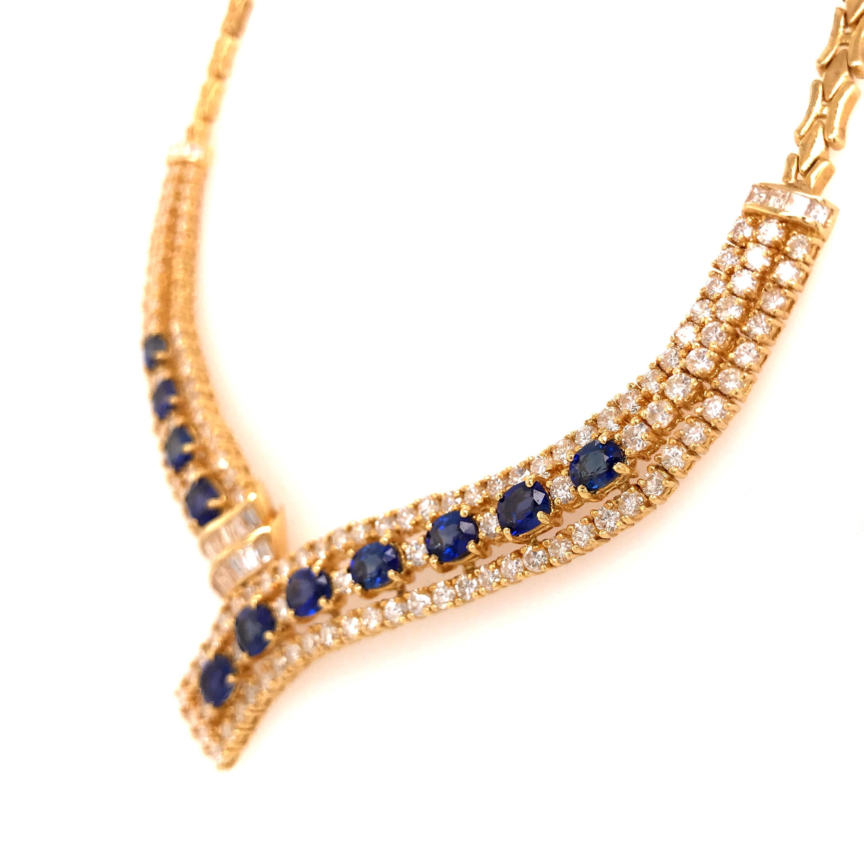 18 Karat Diamond and Sapphire Necklace Yellow Gold In Good Condition In Boca Raton, FL
