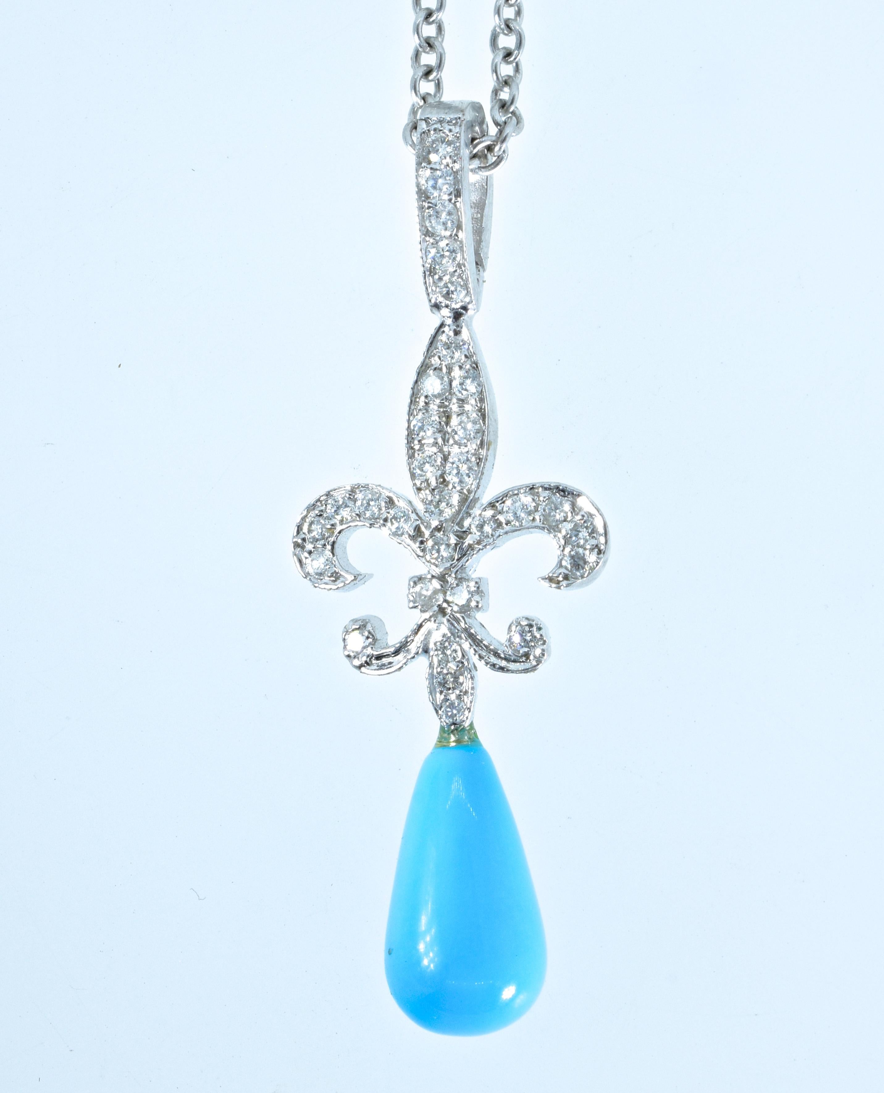 Contemporary 18 Karat Diamond and Turquoise Fleur de Lis Pendant