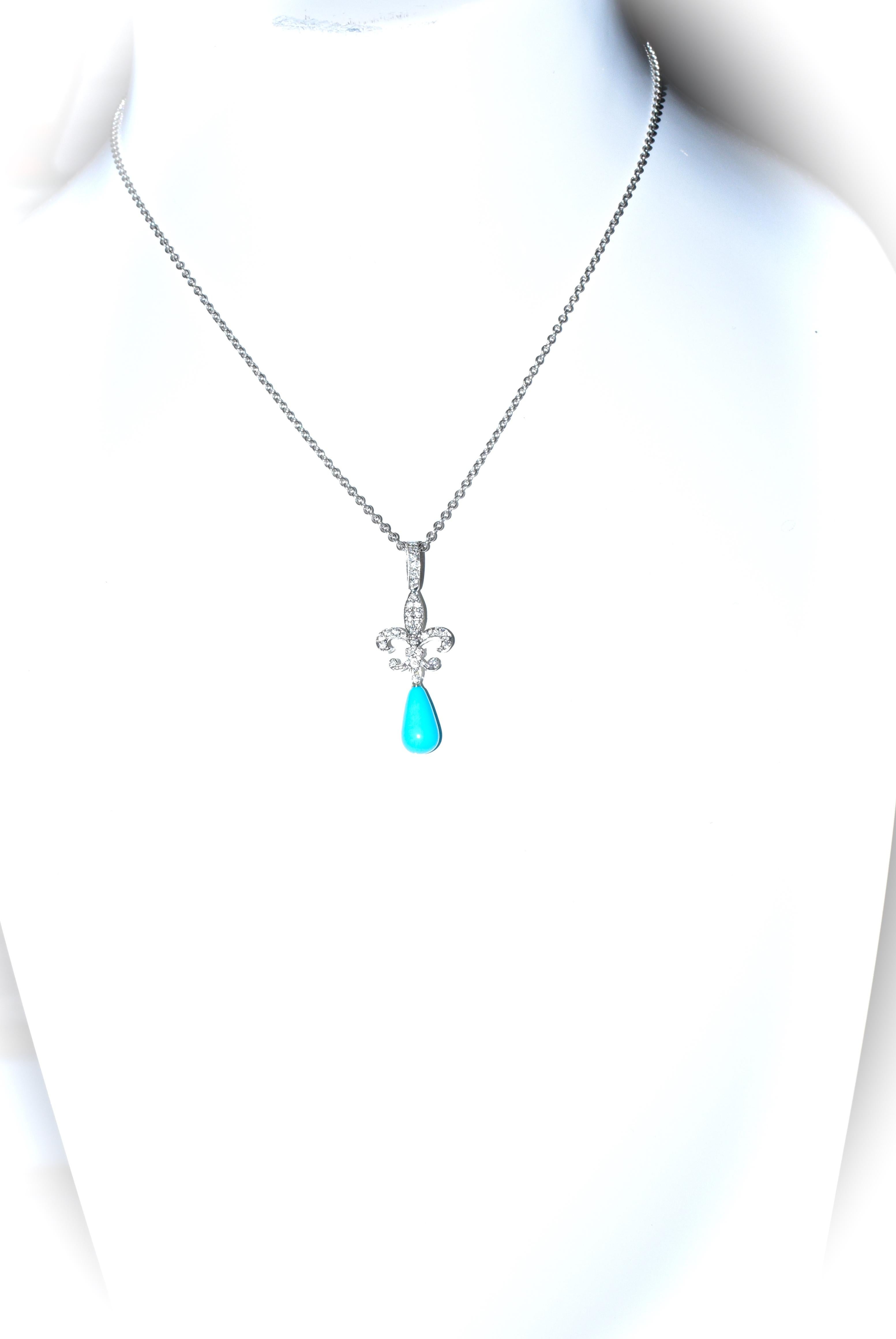 Women's or Men's 18 Karat Diamond and Turquoise Fleur de Lis Pendant