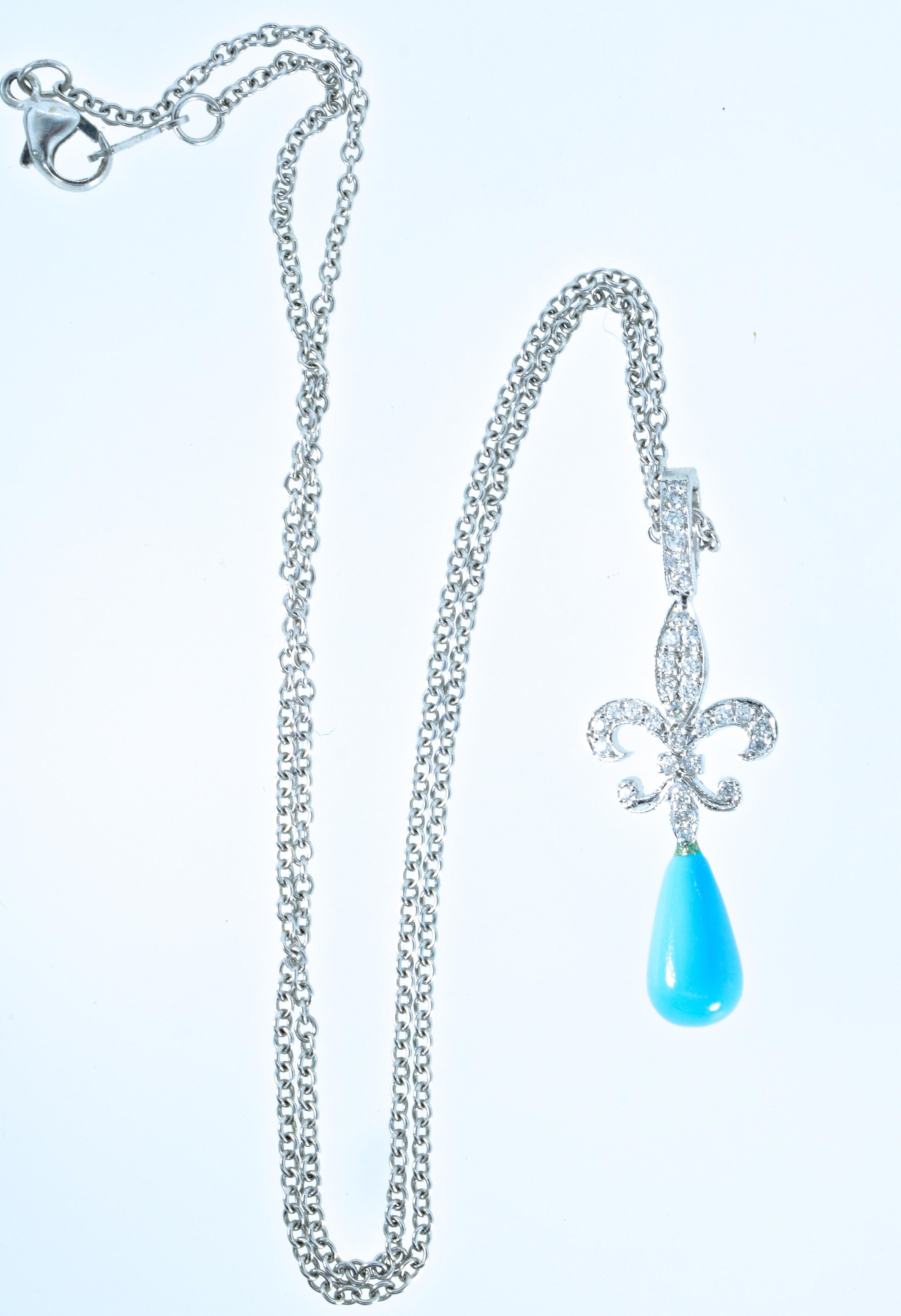 18 Karat Diamond and Turquoise Fleur de Lis Pendant 1