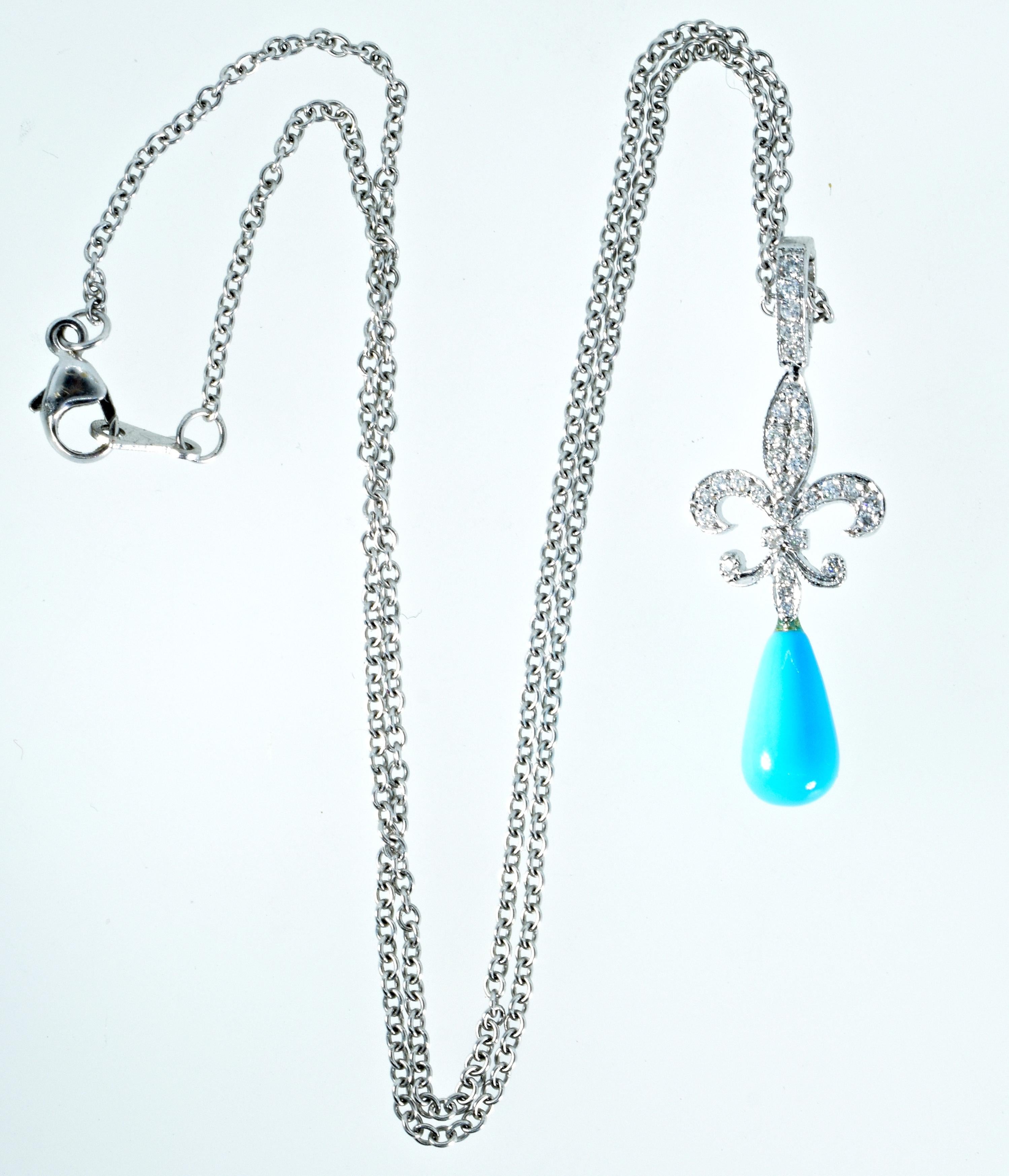 18 Karat Diamond and Turquoise Fleur de Lis Pendant 2