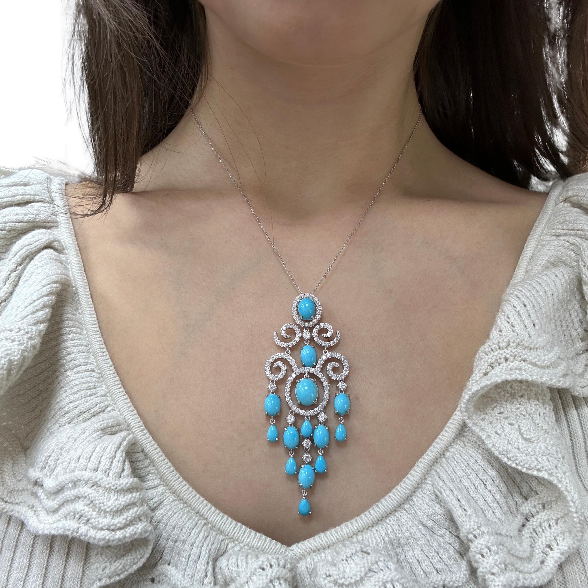 Moderno Collana con diamanti e turchesi 18k e catena 14k in vendita