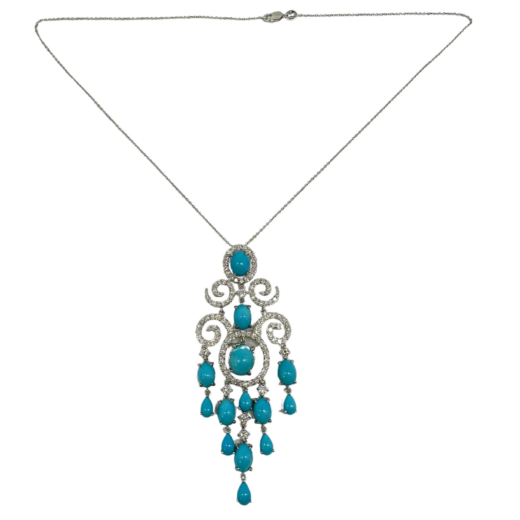 Collana con diamanti e turchesi 18k e catena 14k in vendita 1