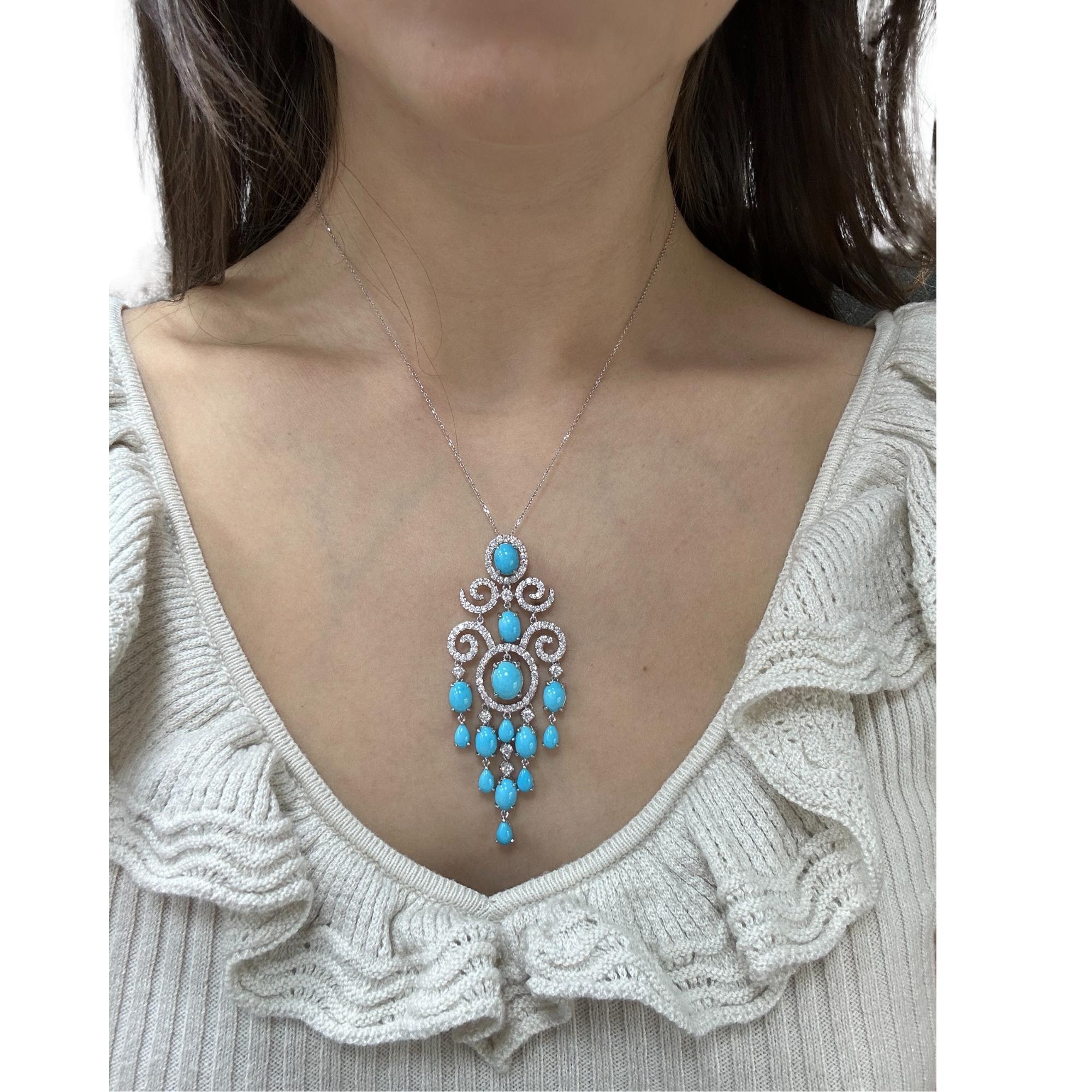 Collana con diamanti e turchesi 18k e catena 14k in vendita 2