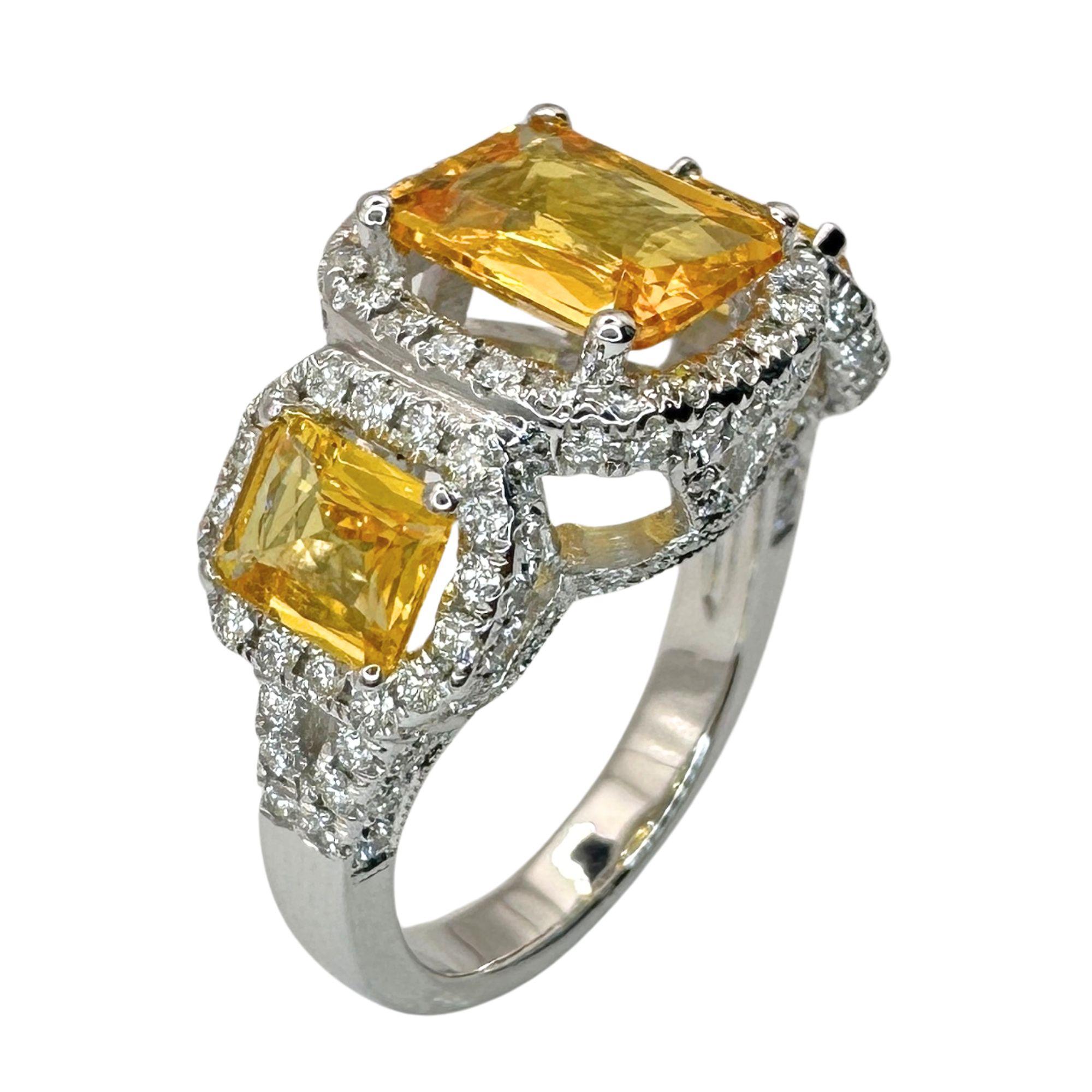 Round Cut 18k Diamond and Yellow Sapphire Three Stone Ring For Sale