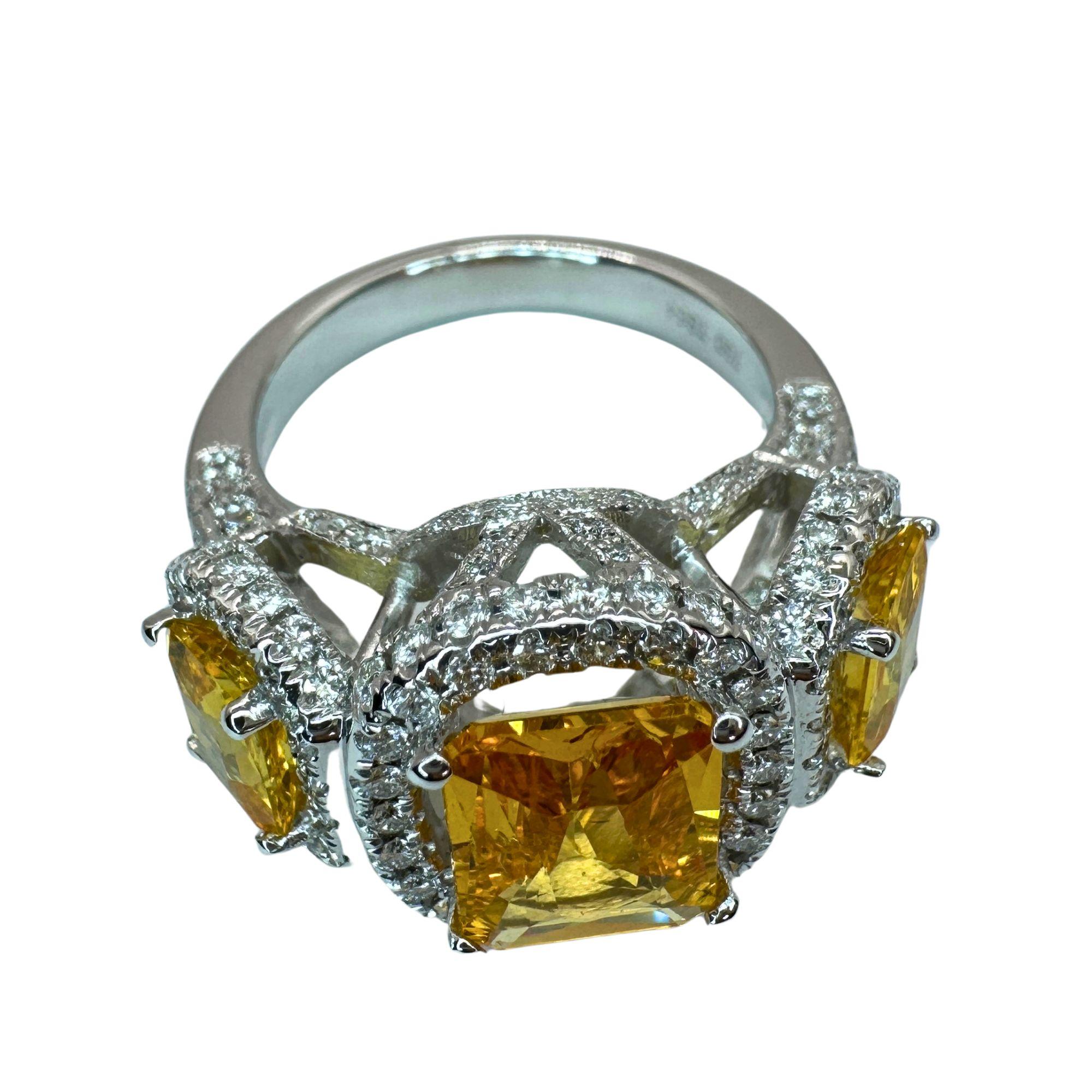 18k Diamond and Yellow Sapphire Three Stone Ring For Sale 4