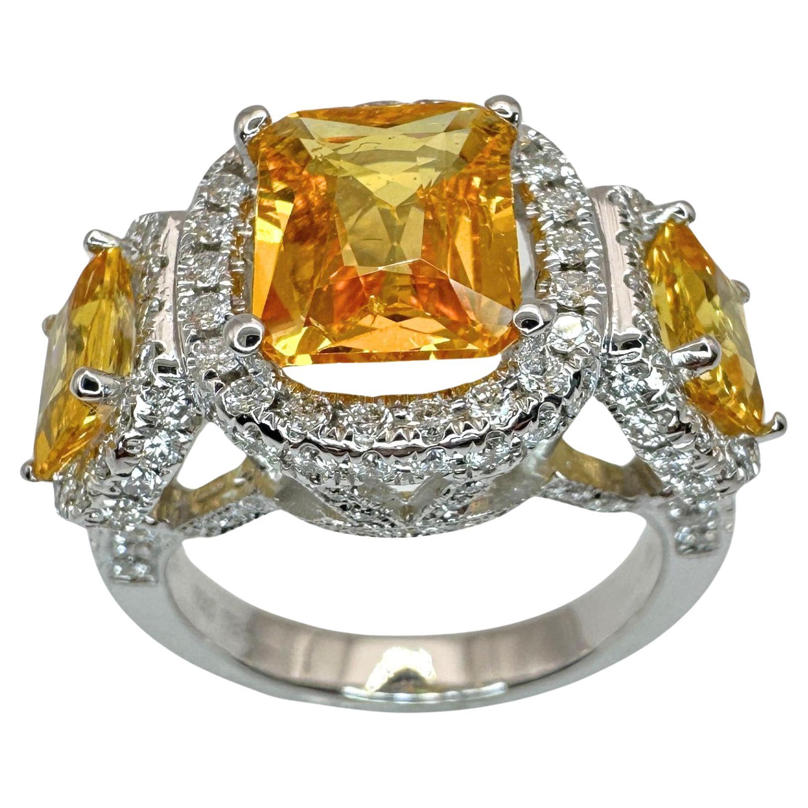 18k Diamond and Yellow Sapphire Three Stone Ring For Sale