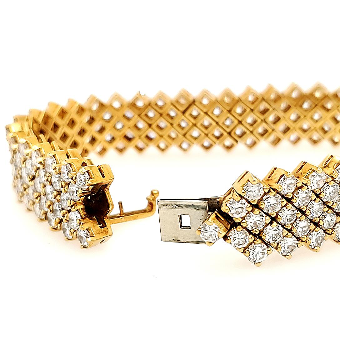 18 Karat Diamond Bracelet Wide Tennis Yellow Gold 22.88 Carat For Sale 1