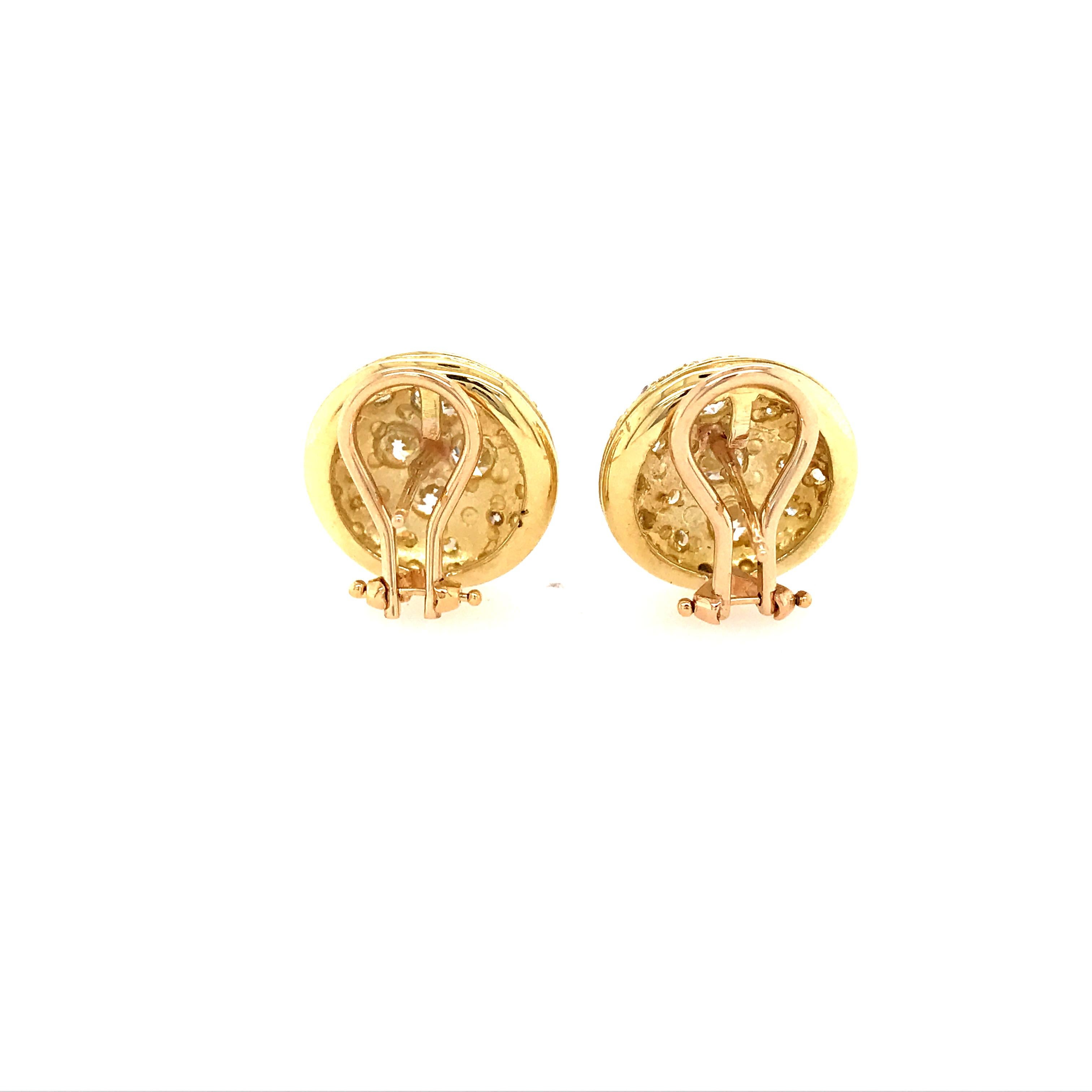 A unique pair of Diamond Button Earrings with Milligrain in 18K Yellow Gold.  (28) Round Brilliant Cut Diamonds, 2.66 carat total weight, G-I in color and VS-SI are expertly set in these earrings.  They measure approximately 5/8 inch in diameter and
