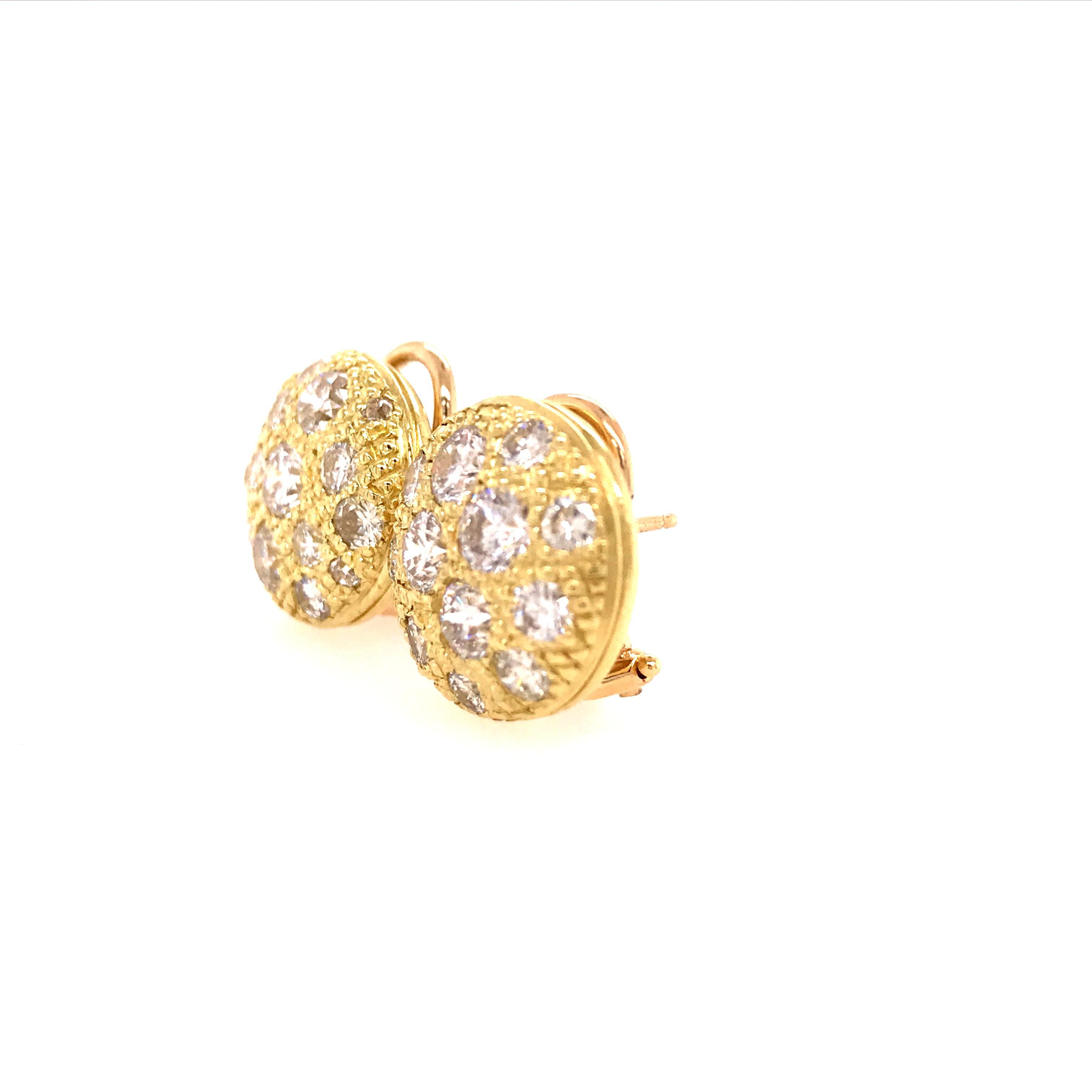 Women's 18 Karat Diamond Button Earrings with Milligrain Yellow Gold