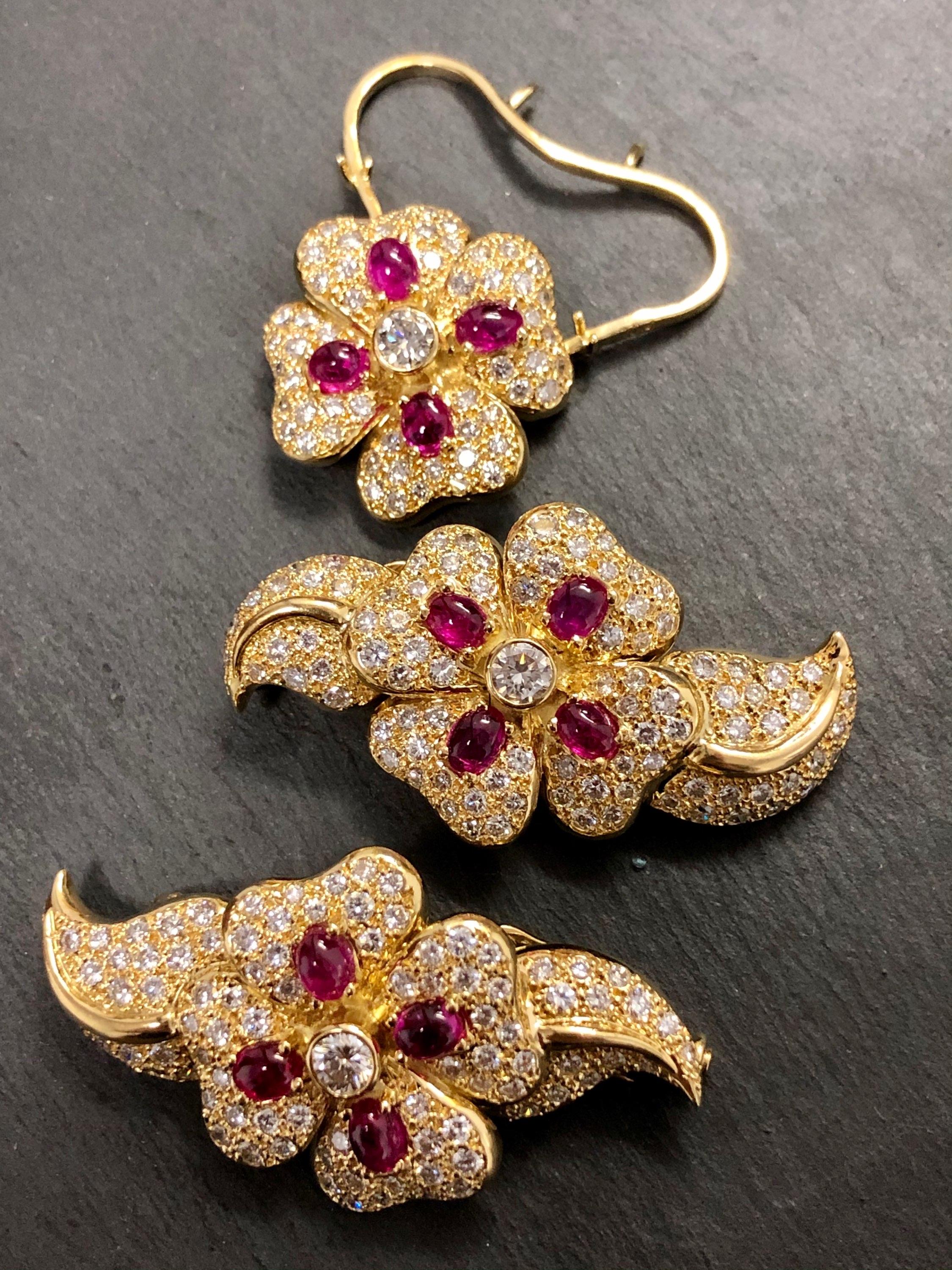 Women's or Men's 18K Diamond Cabochon Ruby Scatter Pin For Sale