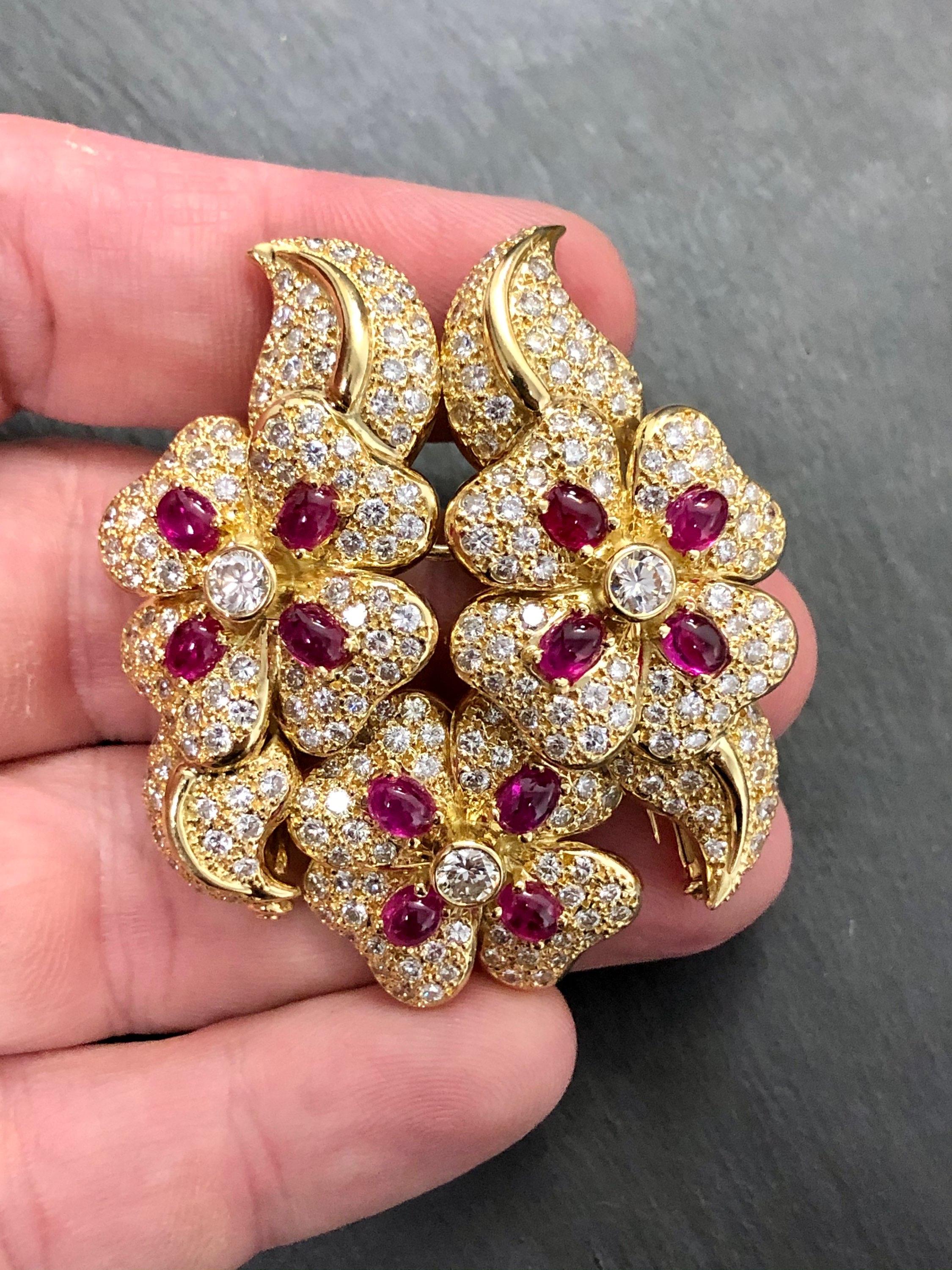 18K Diamond Cabochon Ruby Scatter Pin For Sale 2