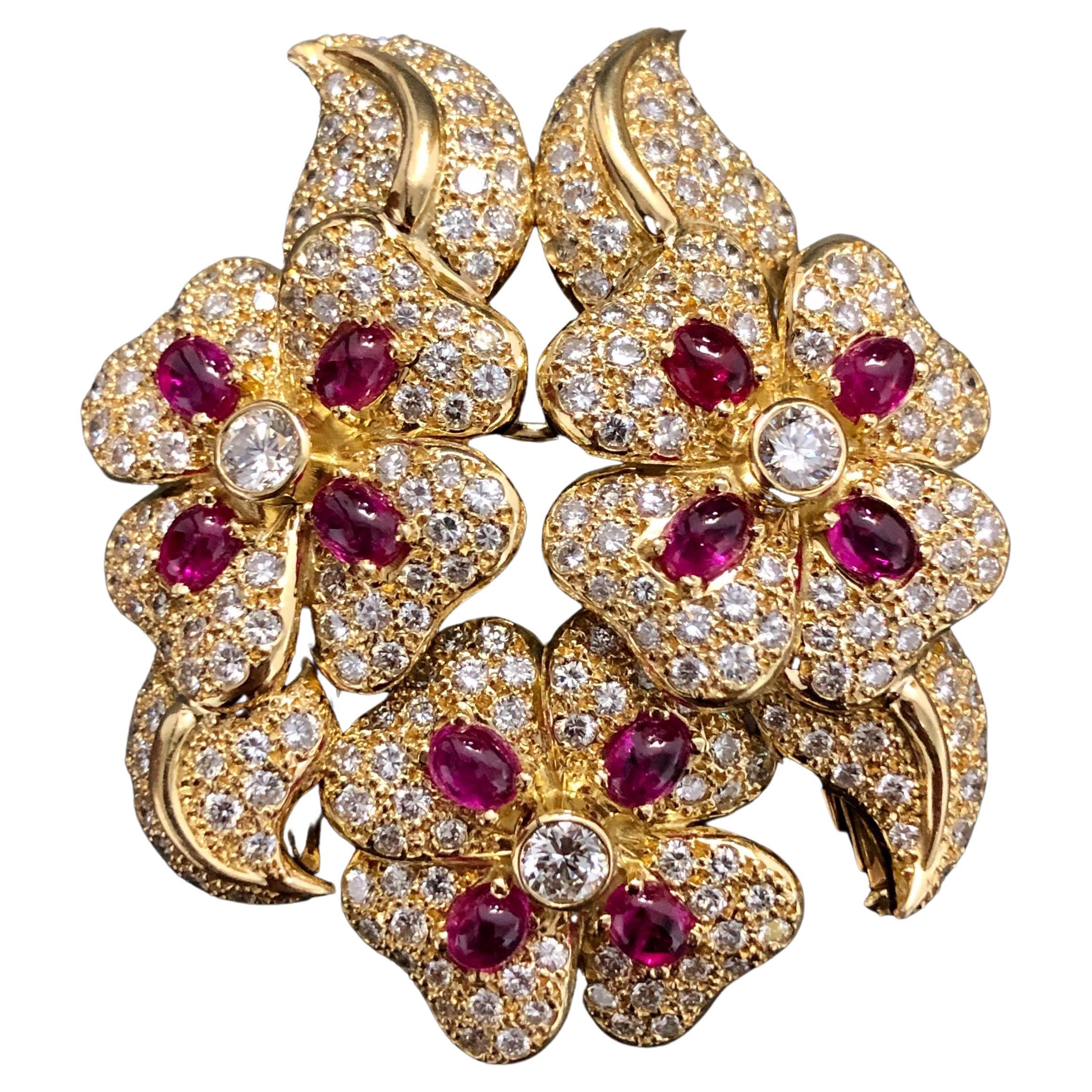 18K Diamond Cabochon Ruby Scatter Pin For Sale