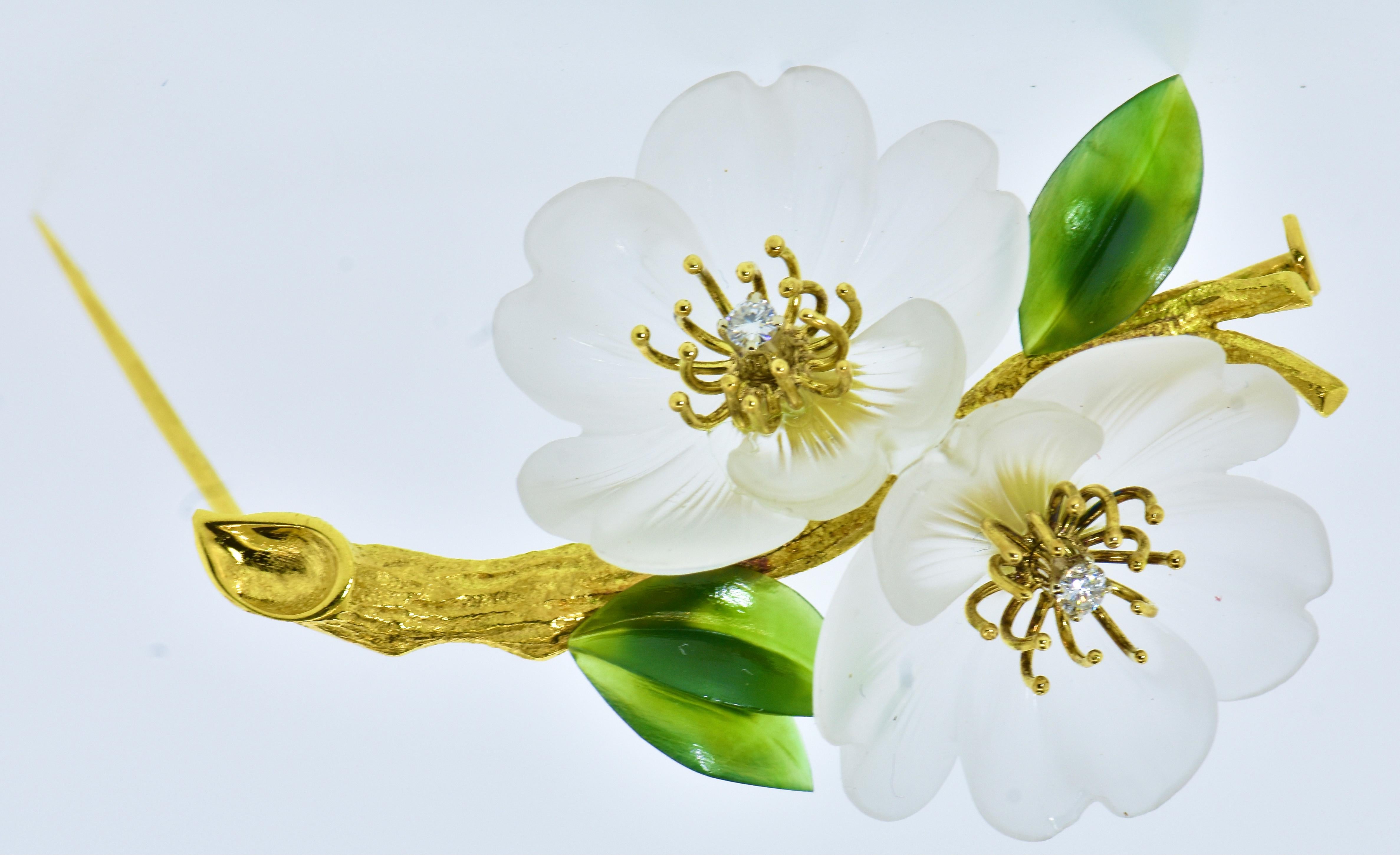 18K yellow gold, carved and frosted rock crystal, and carved nephrite jade beautifully executed flower brooch.  

 This piece bears the hallmark instituted in September of 1939 which applies to the general area around northern Moravia, Bohemia and