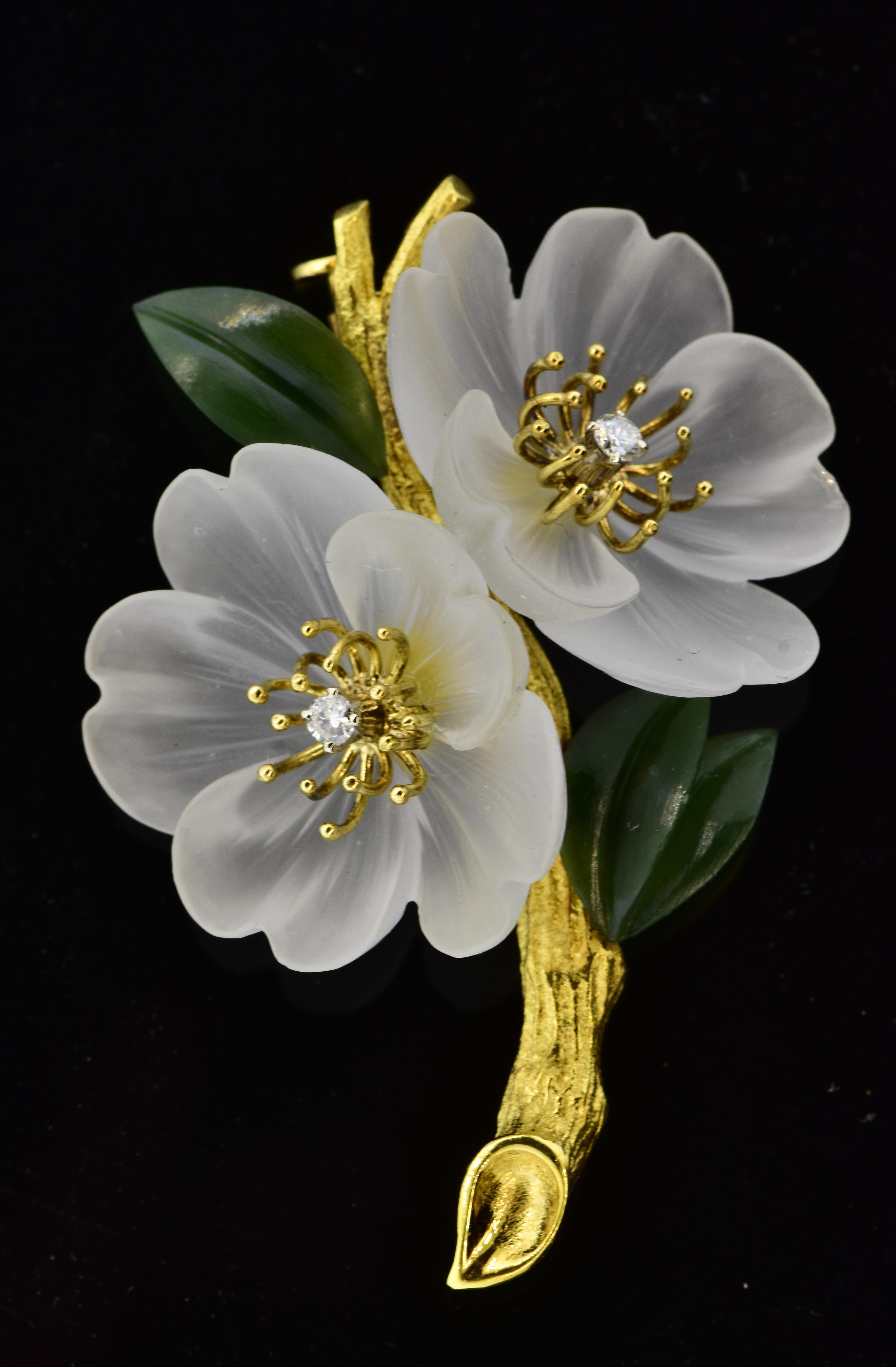 18k Diamond, Carved Rock Crystal & Nephrite Jade Vintage Flower Brooch, c 1950 In Excellent Condition In Aspen, CO