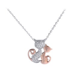 18k White and Rose Gold Diamond Cat Charm Necklace Two Tone Diamond Necklace