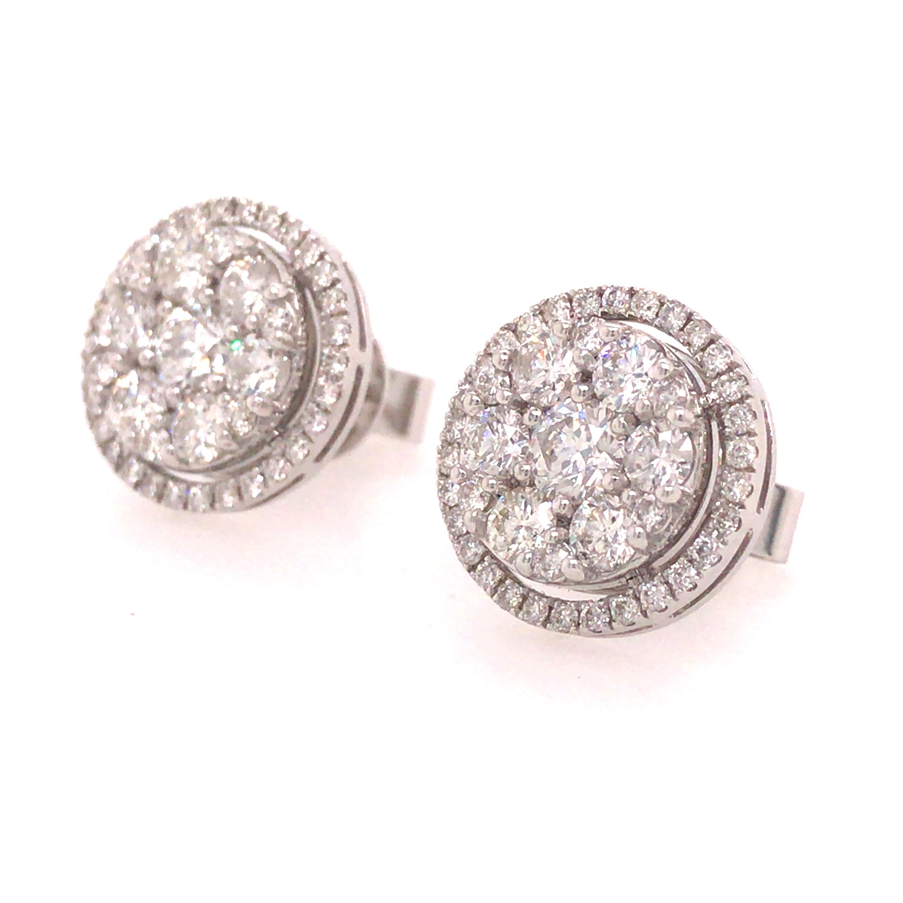 Round Cut 18K Diamond Cluster Earrings White Gold