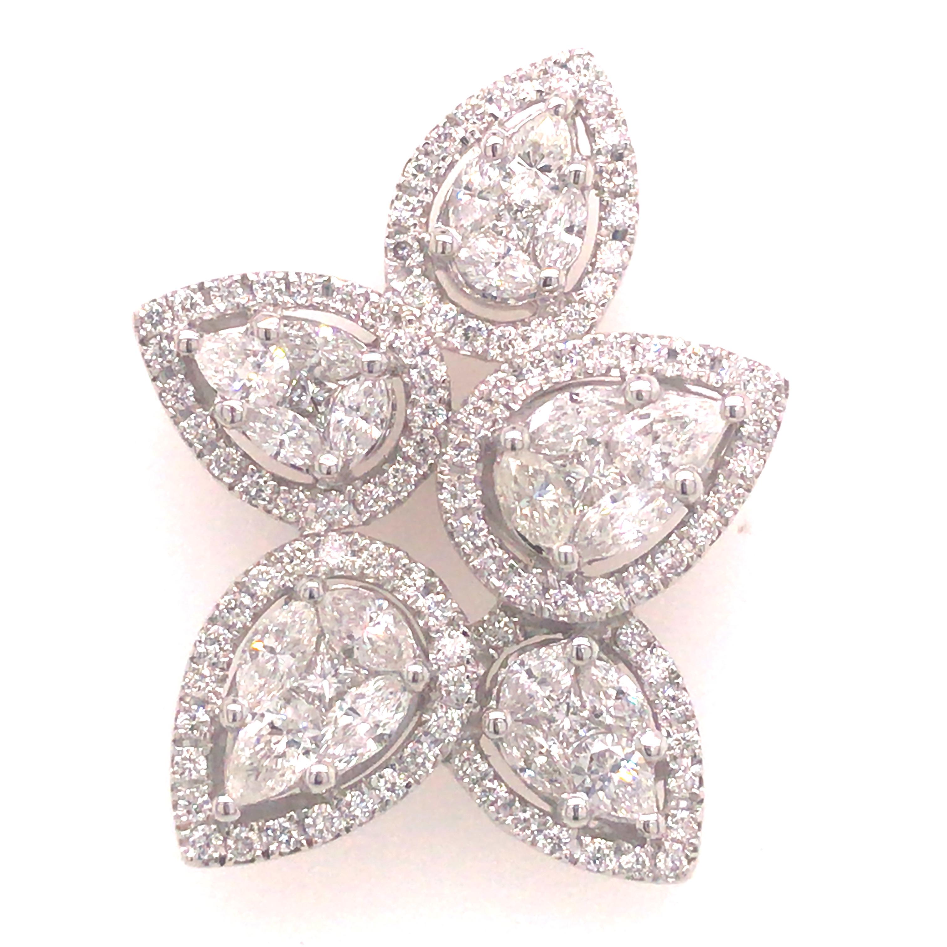 18K Diamond Cluster Flower Petal Earrings White Gold For Sale 1
