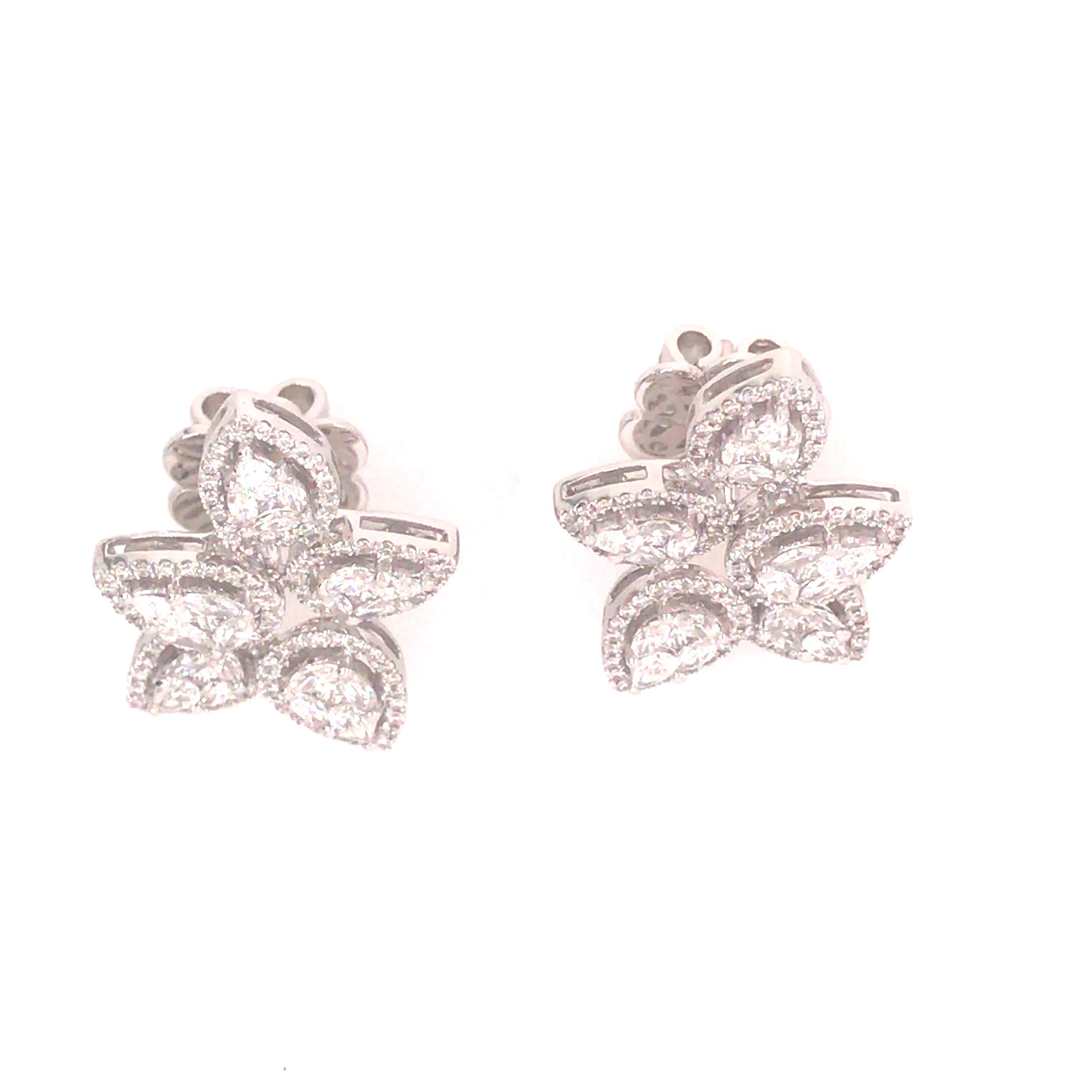 18K Diamond Cluster Flower Petal Earrings White Gold For Sale 2