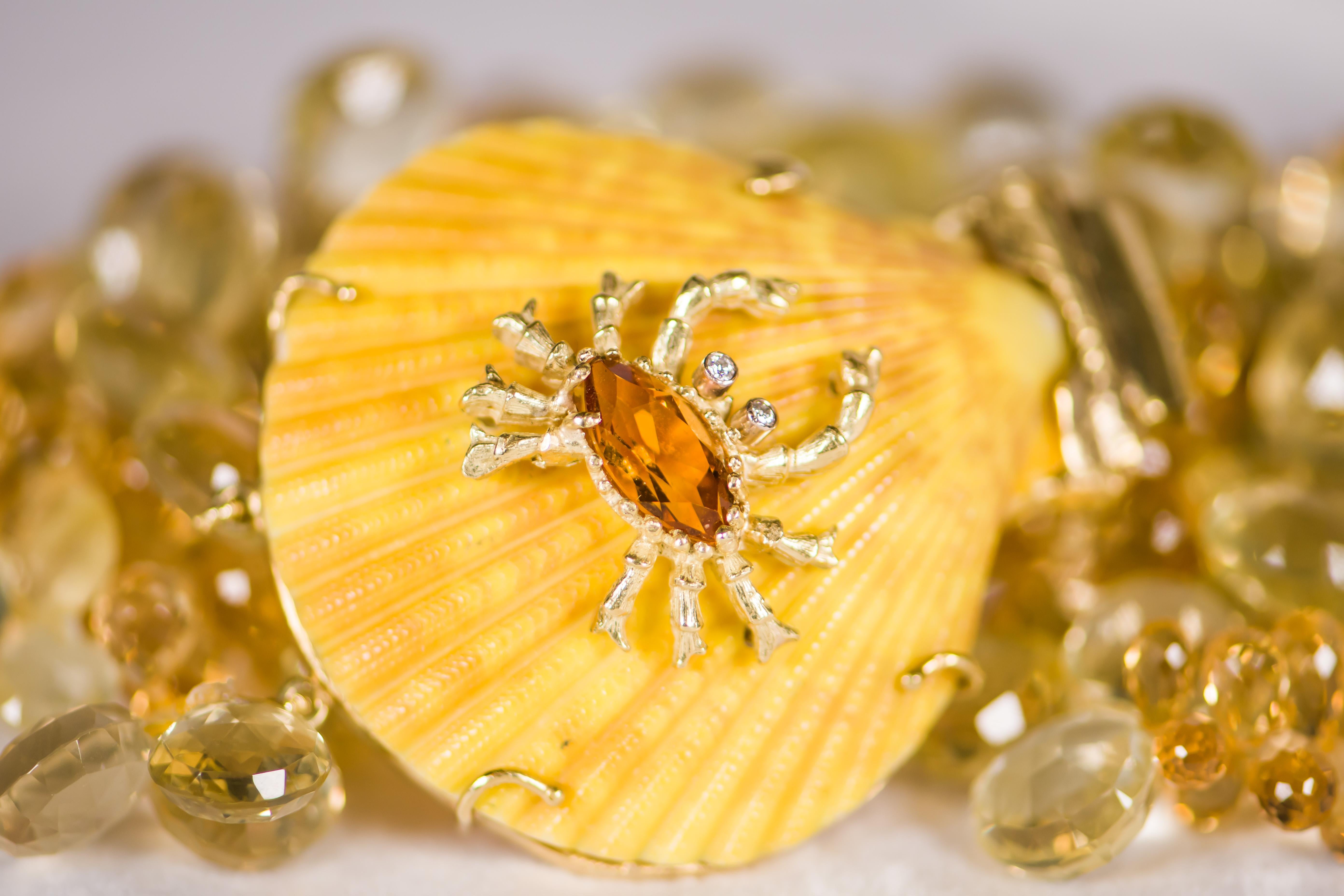 Masterful one of a kind creation by noted Palm Beach designer, Julia Boss.  This breath of spring necklace boasts a natural yellow shell embellished with an 18k yellow gold crab whose body is a Mandarin citrine boasting two round diamonds with 0.02