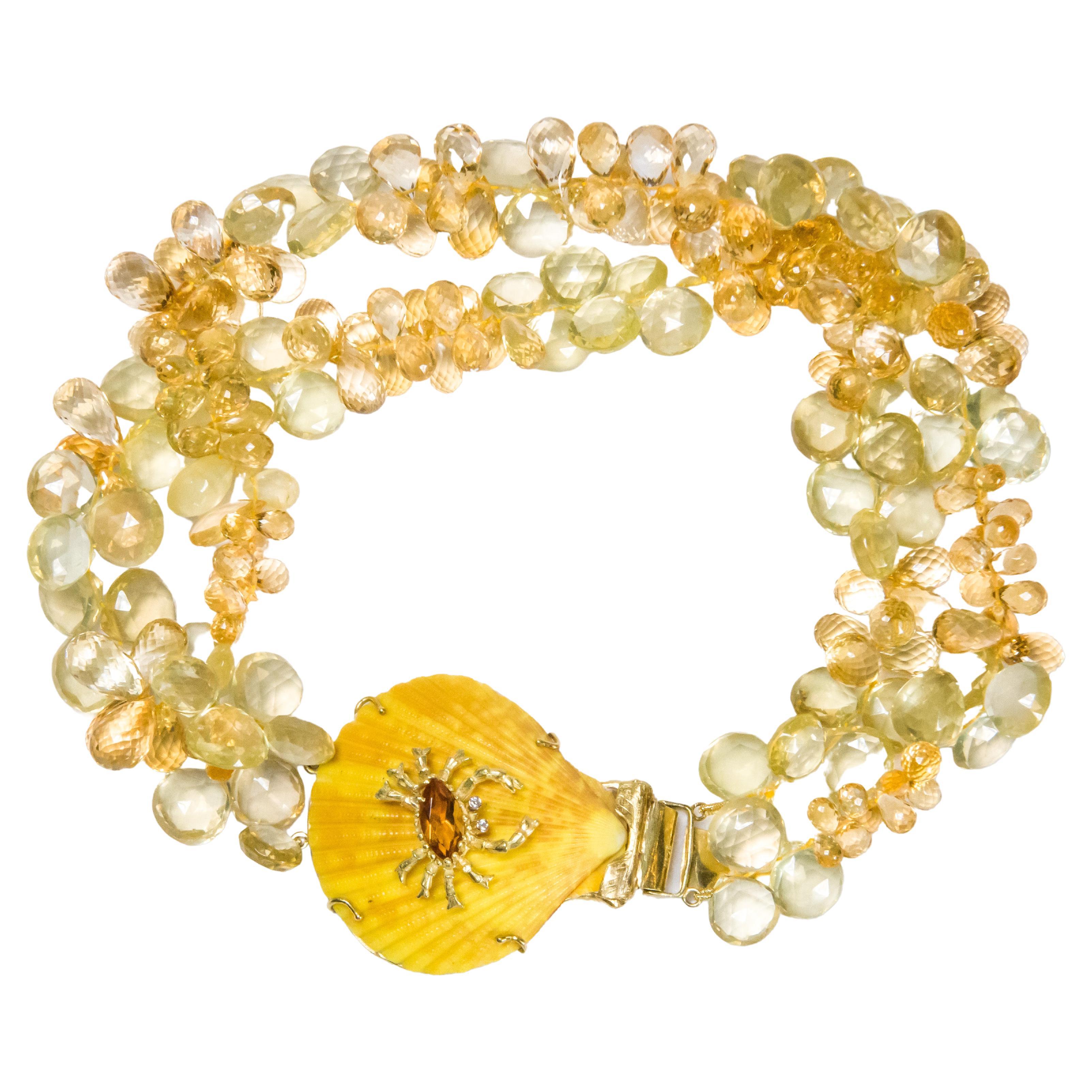 18K Diamond Crab on Yellow Shell with Briolette Citrine & Aqua 2 Strand Necklace For Sale