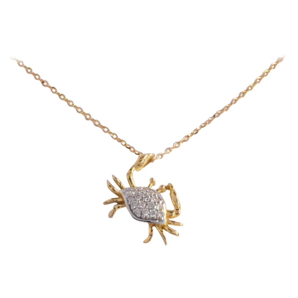 18k Solid Gold Diamond Crab Pendant Necklace Cancer Zodiac Pendant Necklace