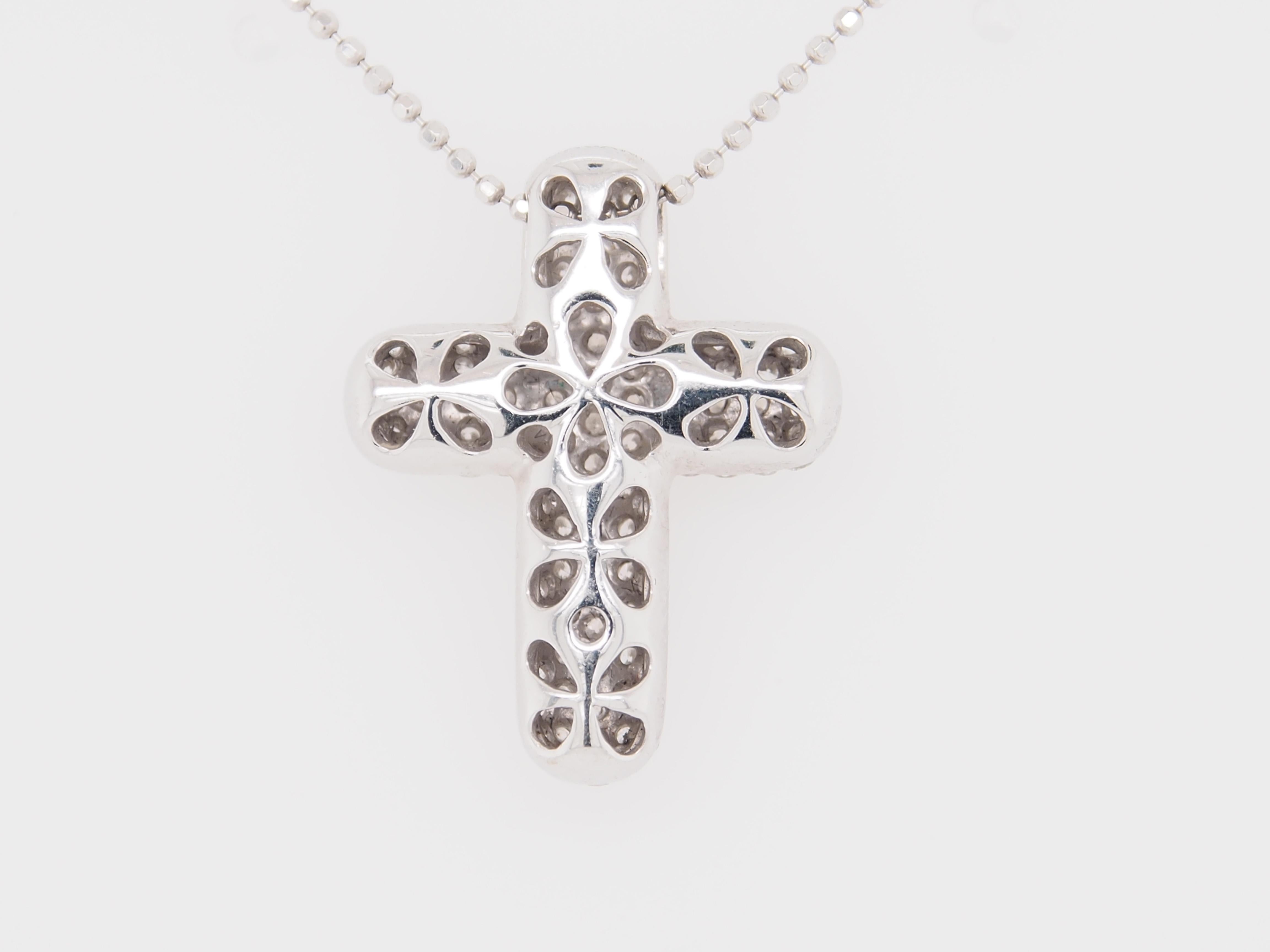 18 Karat Diamond Cross Puff Pendant Necklace White Gold 0.75 Carat In Good Condition For Sale In Boca Raton, FL