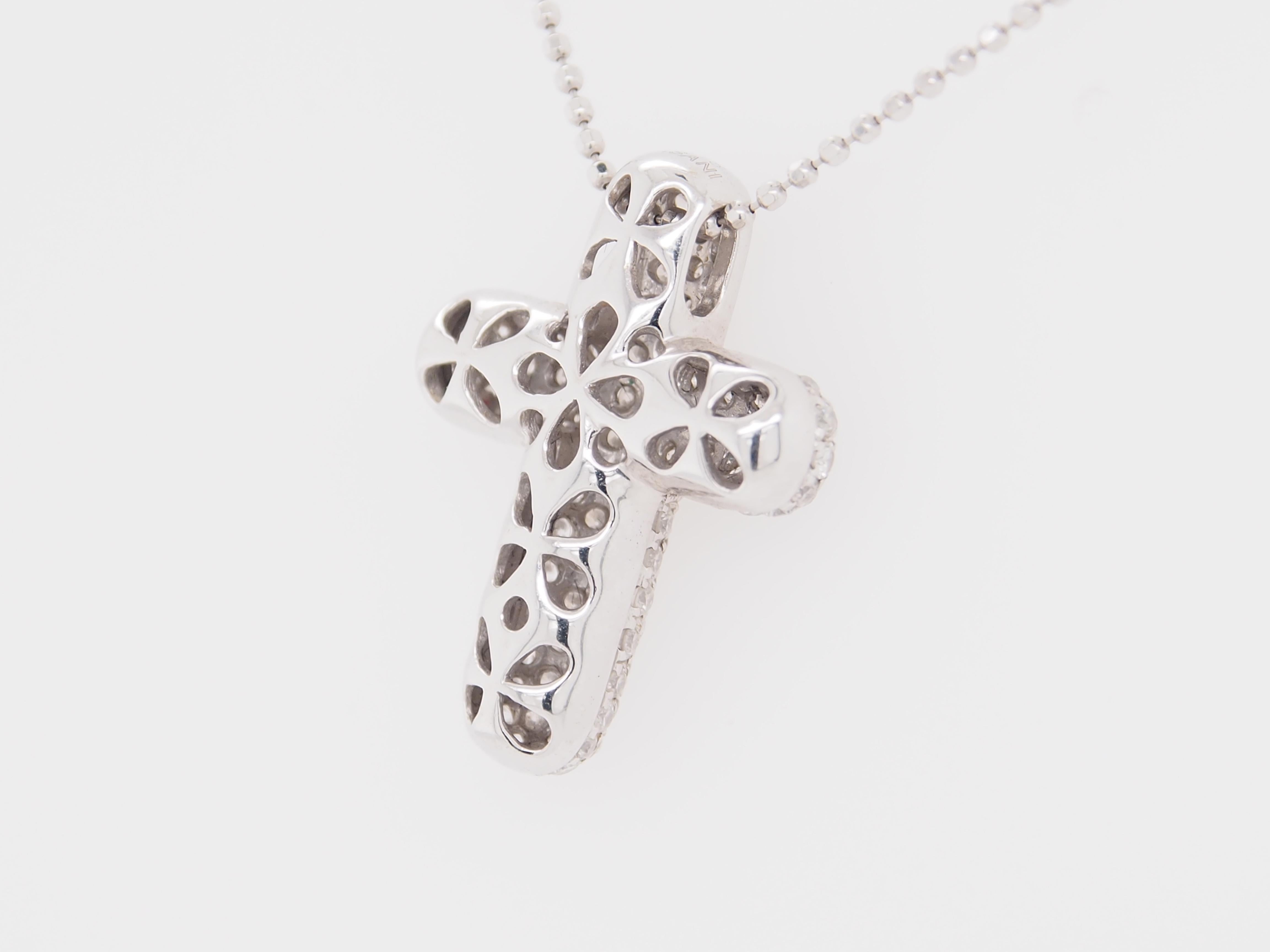 Women's or Men's 18 Karat Diamond Cross Puff Pendant Necklace White Gold 0.75 Carat For Sale