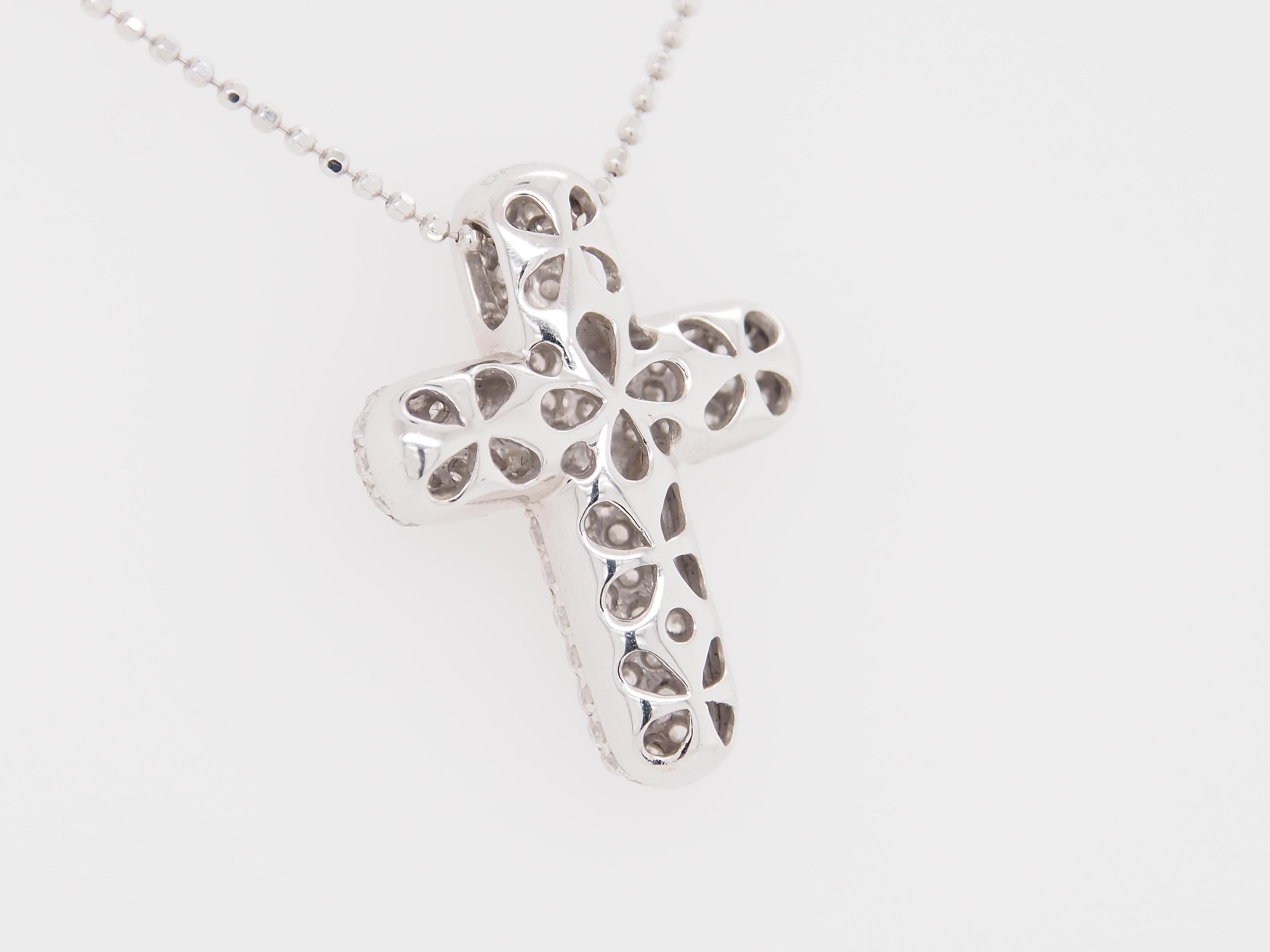 18 Karat Diamond Cross Puff Pendant Necklace White Gold 0.75 Carat For Sale 1