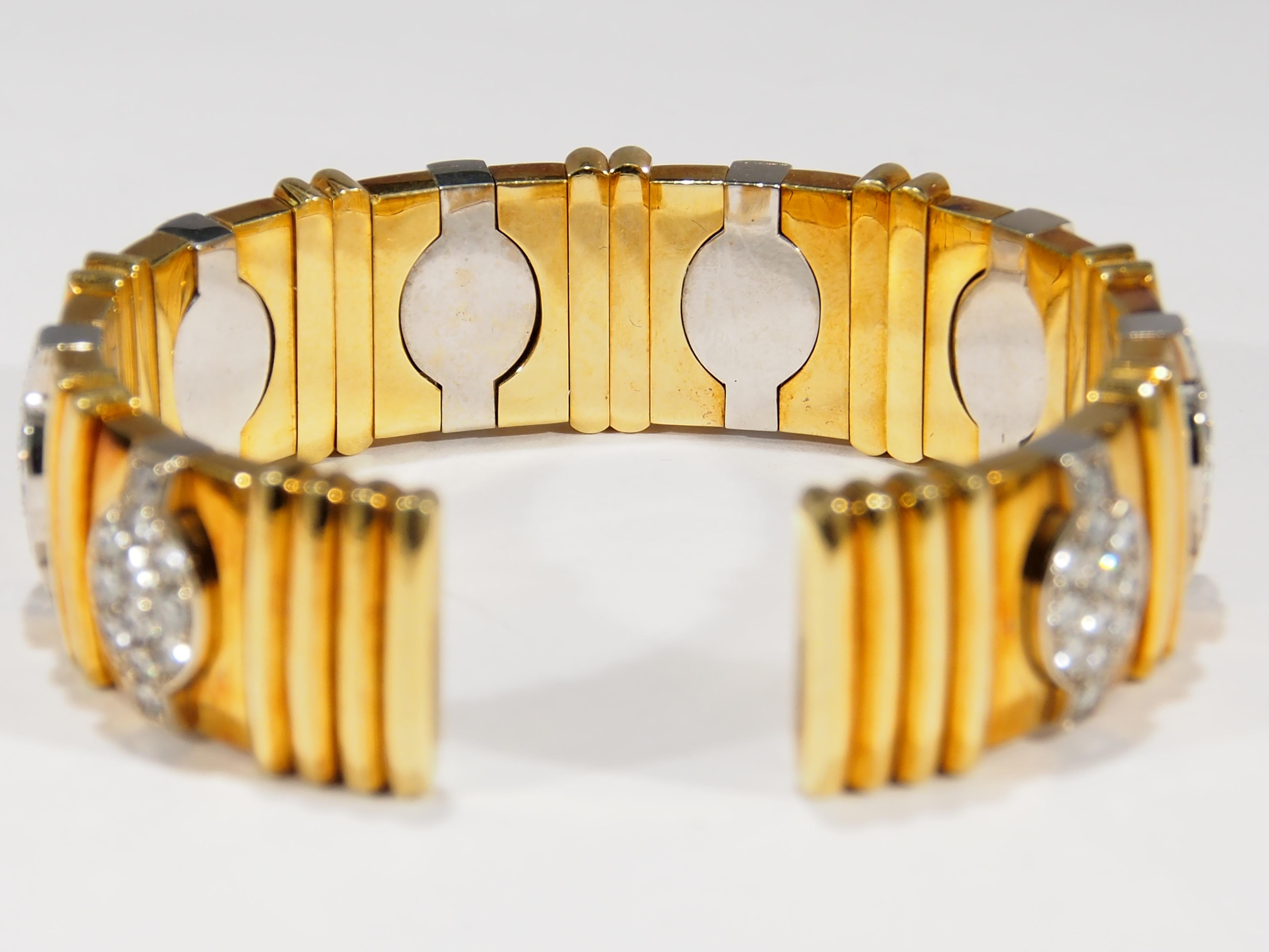 Women's or Men's 18 Karat Diamond Cuff Bracelet Flexible Yellow White Gold 6.40 Carat For Sale