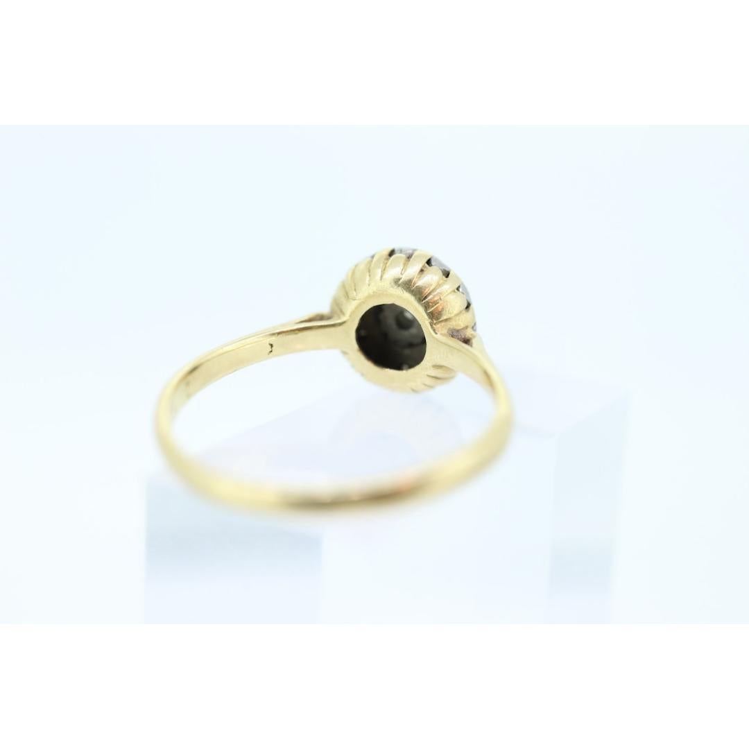 Vintage from the 1990s
Size: 8 US
Materials: Stone
Gemstone: Diamond
Gem Color: Colorless

Band Color: Gold

18K yellow and white gold

Diamond Cluster Flush set into a round top.

Daisy Flower Design.

Details:
2.2mm center diamond
1mm diamond
