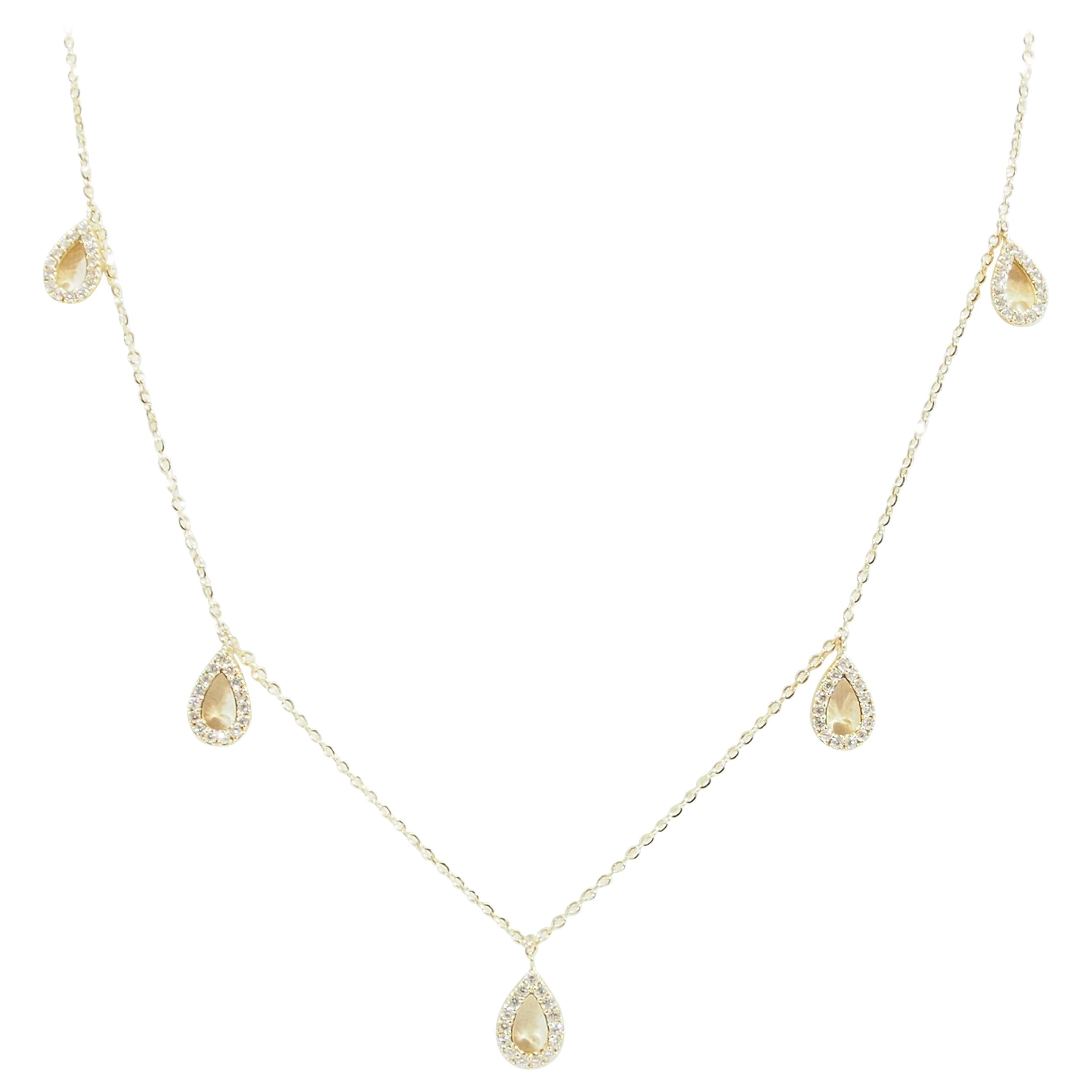 18 Karat Diamond Dangle Necklace Cluster Station Yellow Gold 0.42 Carat For Sale