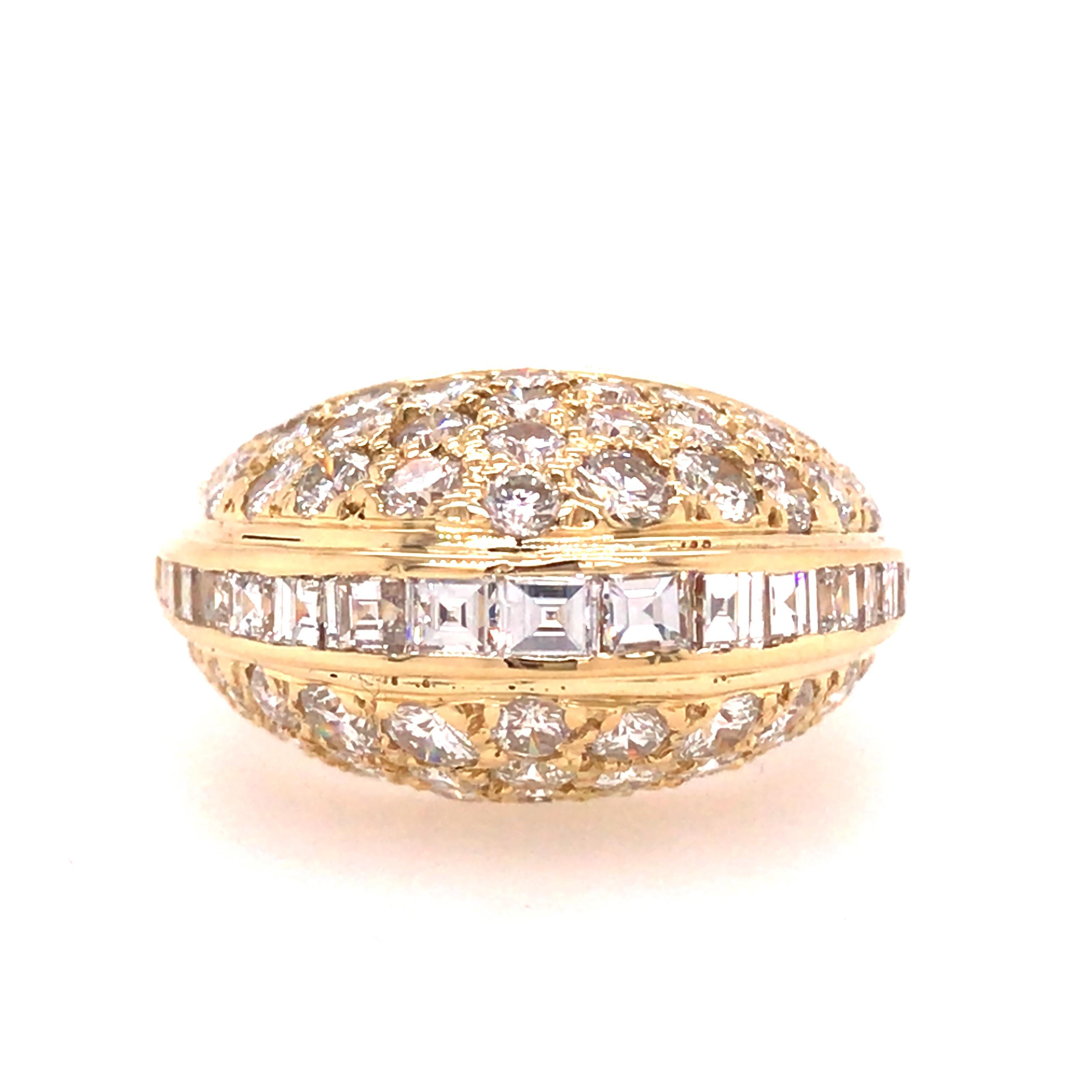 Diamond Dome Ring in 18K Yellow Gold.  Princess Cut and Round Brilliant Cut Diamonds weighing 2.50 carat total weight, G-H in color and VS in clarity are expertly set.  The Ring measures 1/2 inch in height.  Ring size 6.75. 6.84 grams.