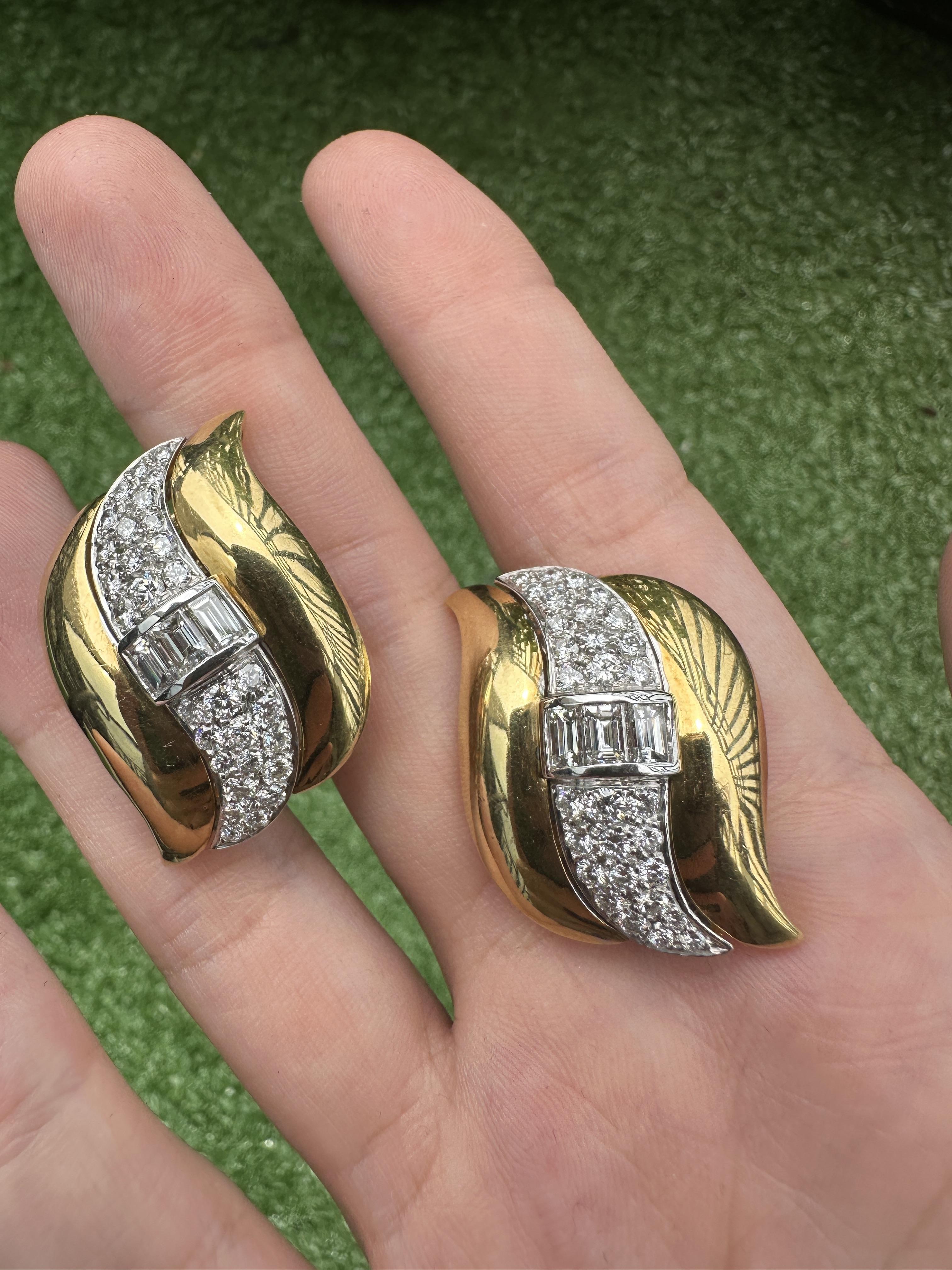 Add a touch of elegance and luxury to your look with these stunning 18k diamond earrings from the 1960's. Crafted with 18k yellow and white gold, these earrings feature 3.5 carats of sparkling diamonds for an eye-catching and glamorous touch. Don't