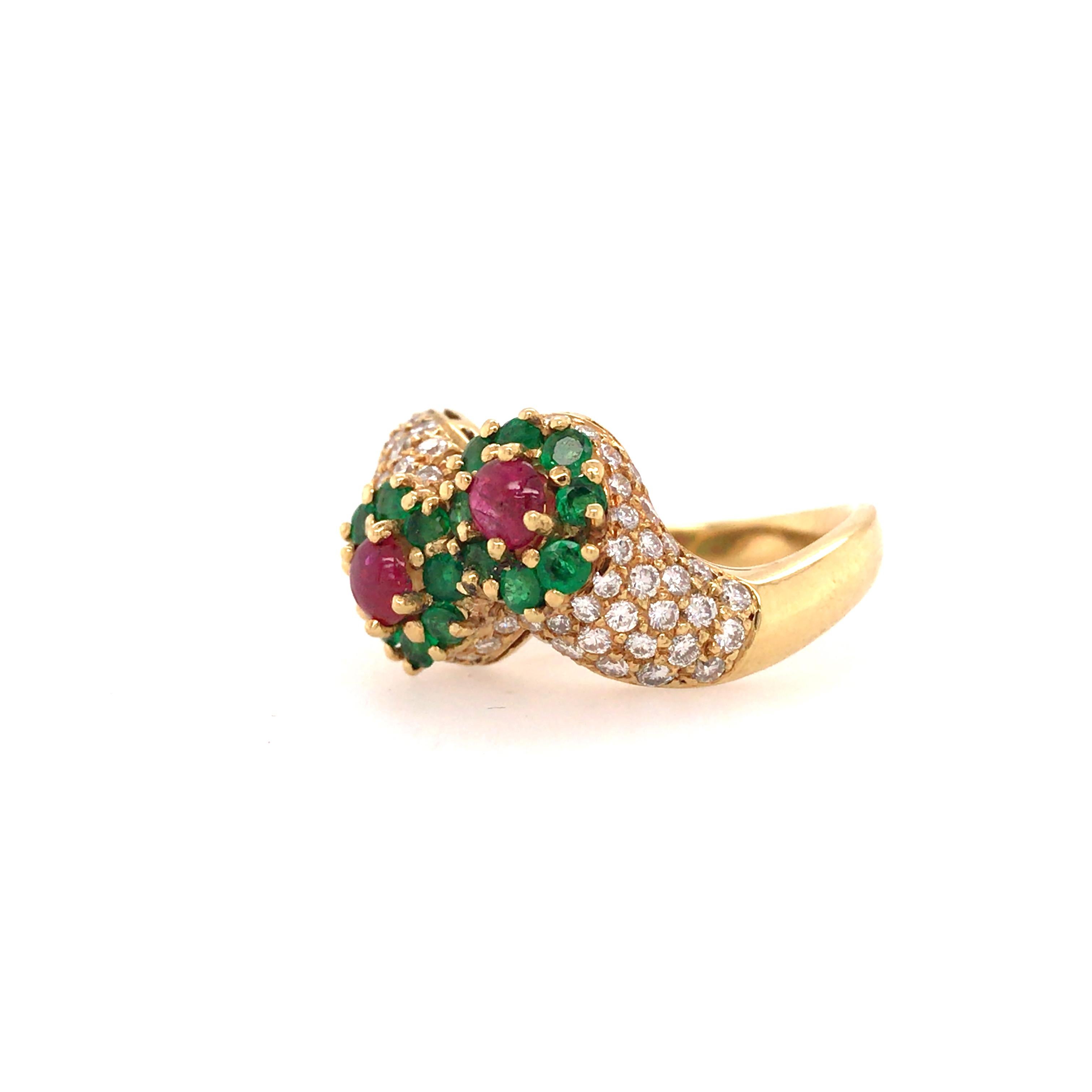 18 Karat Diamond, Emerald and Ruby Ring Yellow Gold 1